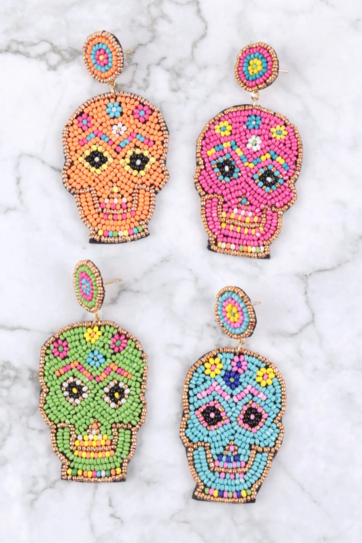 (HALLOWEEN) SUGAR SKULL SEED BEAD PATTERN DANGLE POST EARRINGS