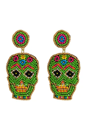 (HALLOWEEN) SUGAR SKULL SEED BEAD PATTERN DANGLE POST EARRINGS
