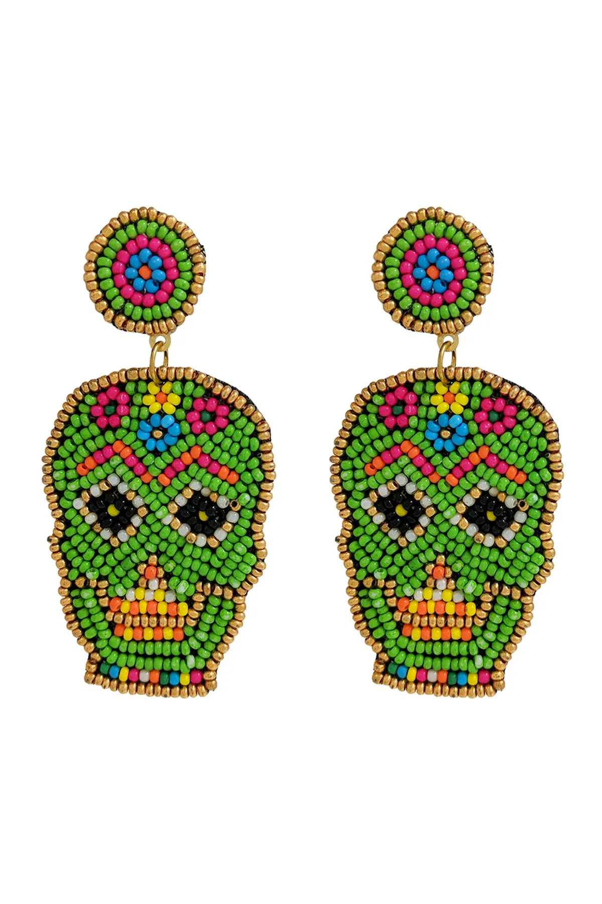 (HALLOWEEN) SUGAR SKULL SEED BEAD PATTERN DANGLE POST EARRINGS
