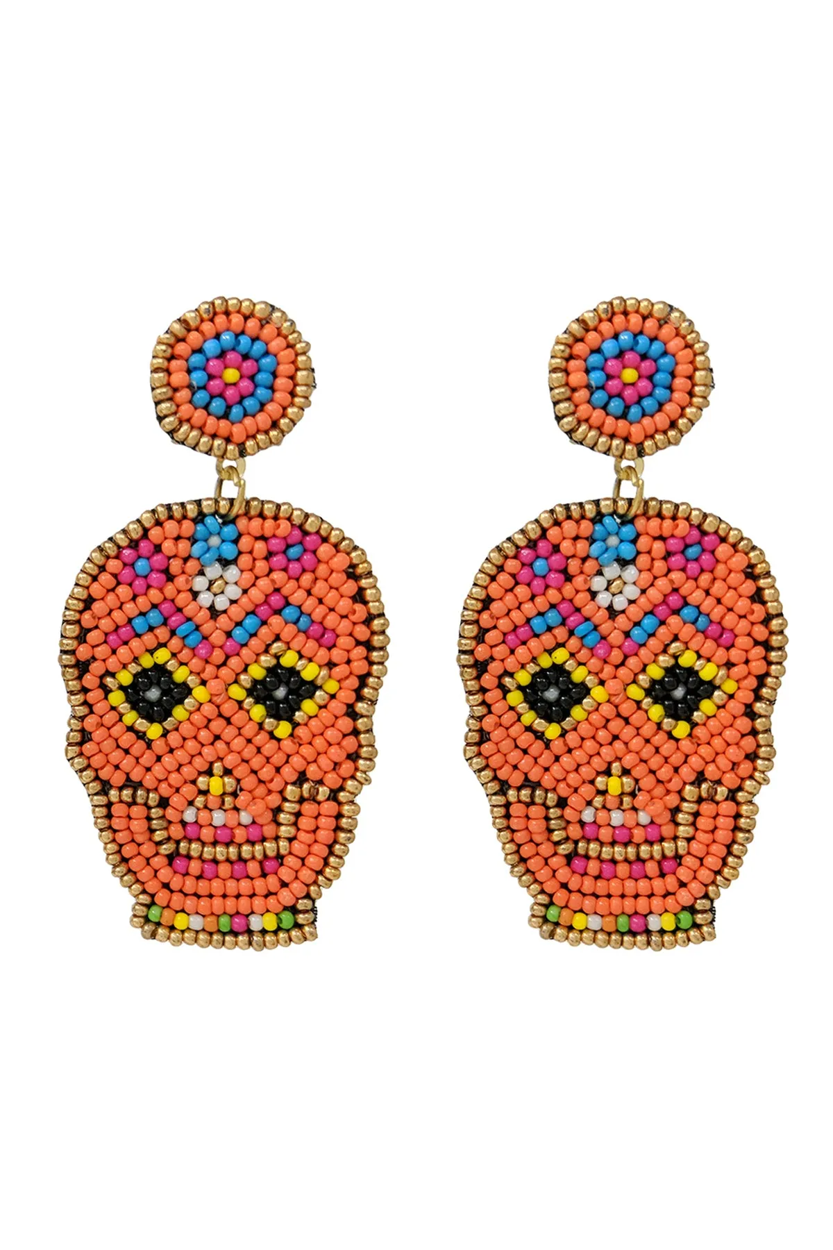 (HALLOWEEN) SUGAR SKULL SEED BEAD PATTERN DANGLE POST EARRINGS