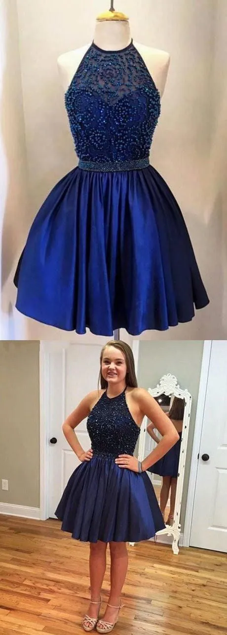 Halter Royal Blue Beaded Open Back Short Homecoming Dresses, BG51442