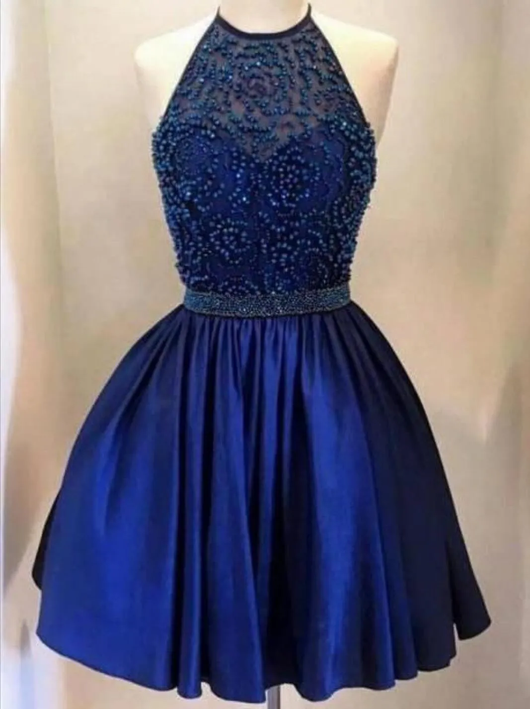 Halter Royal Blue Beaded Open Back Short Homecoming Dresses, BG51442