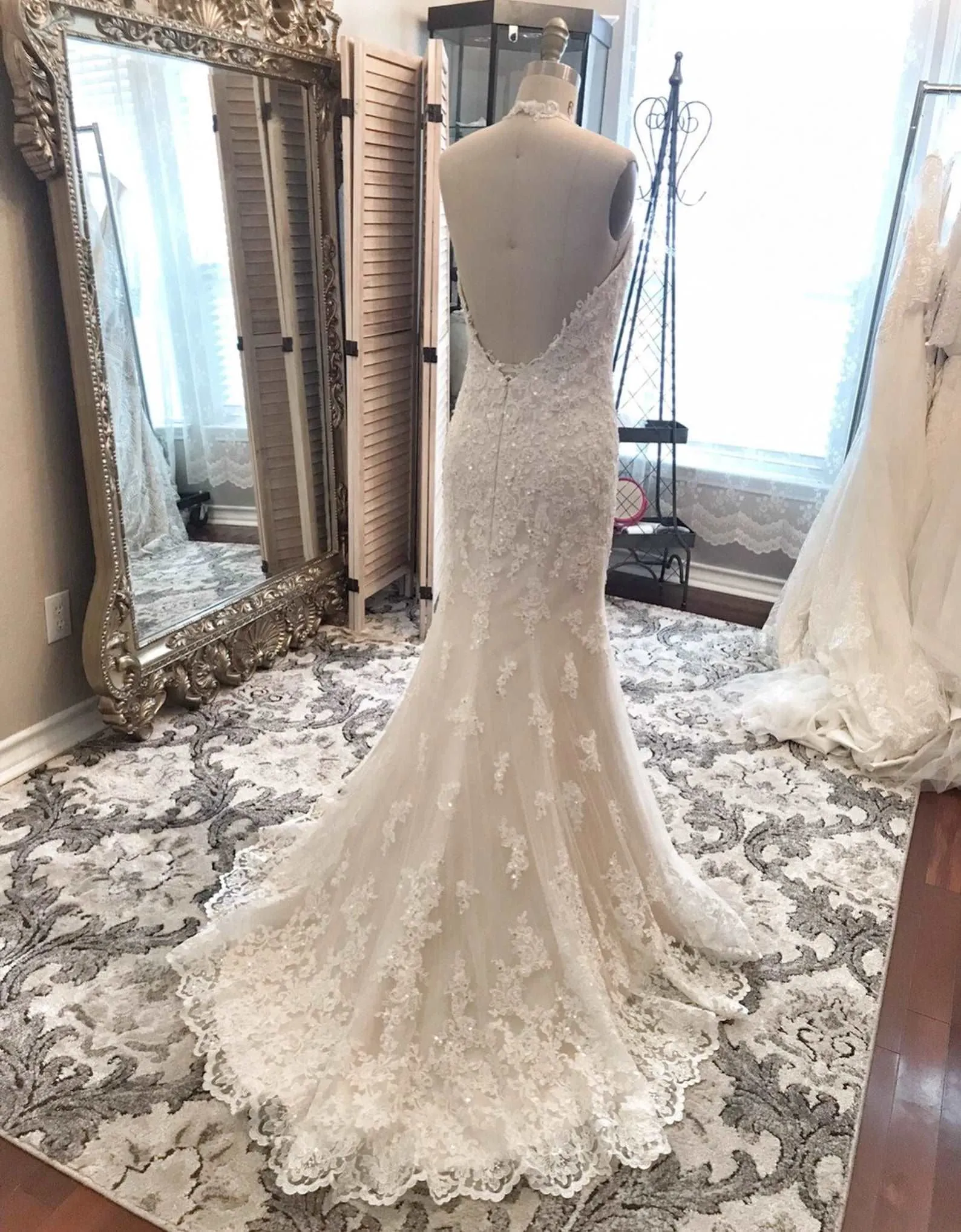 Halter Sequin Floral Lace Fit & Flare Wedding Dress | Erina