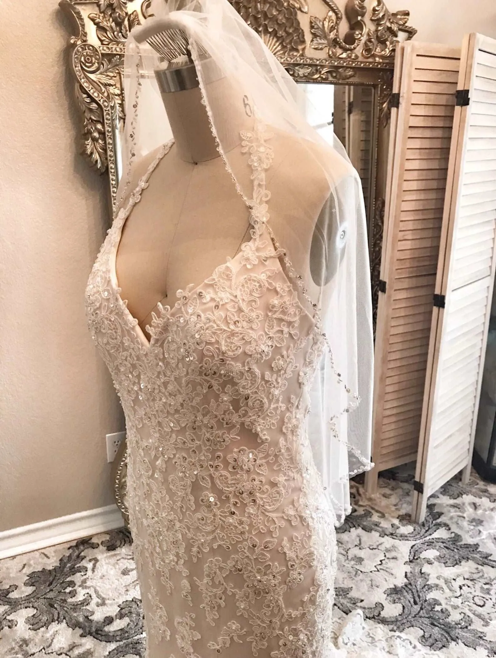 Halter Sequin Floral Lace Fit & Flare Wedding Dress | Erina