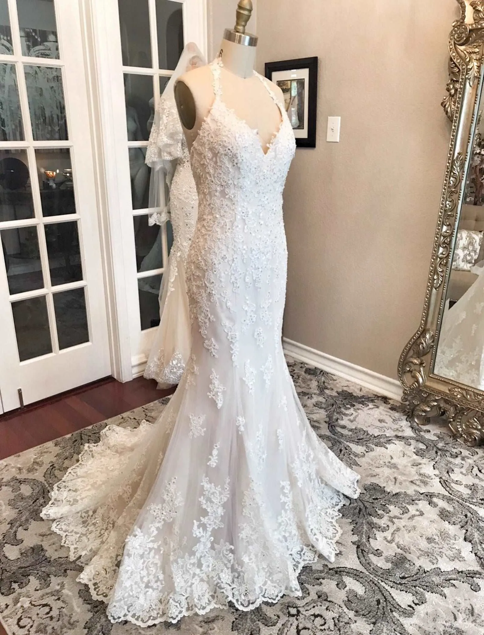 Halter Sequin Floral Lace Fit & Flare Wedding Dress | Erina