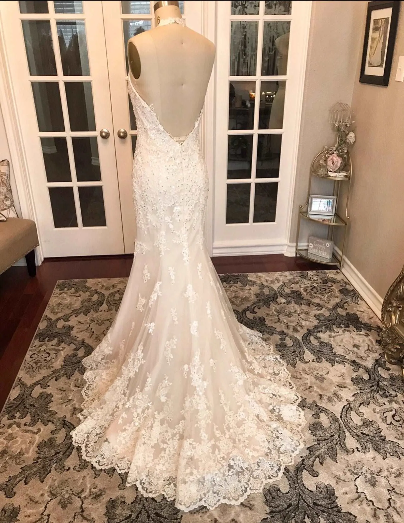 Halter Sequin Floral Lace Fit & Flare Wedding Dress | Erina