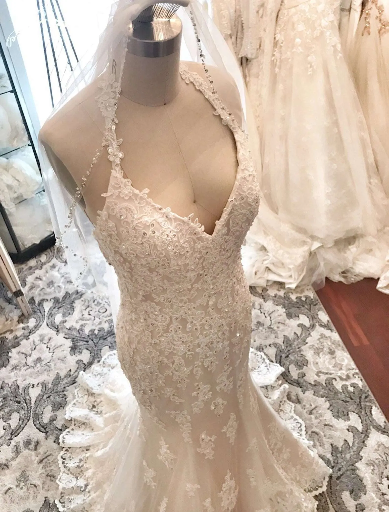 Halter Sequin Floral Lace Fit & Flare Wedding Dress | Erina