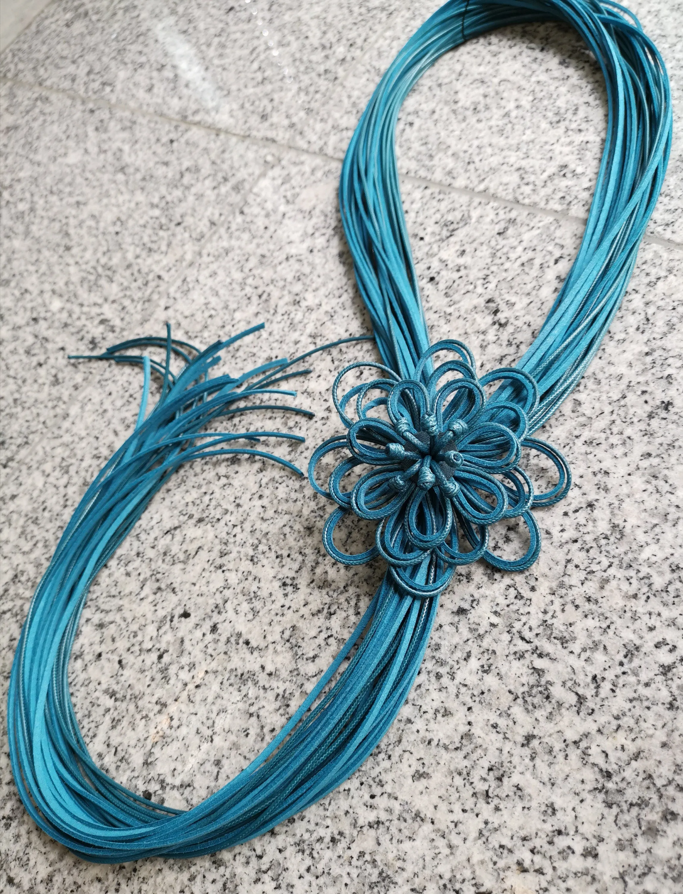 Handmade Long Leather Necklace/ Extravagant Flower Necklace in Blue