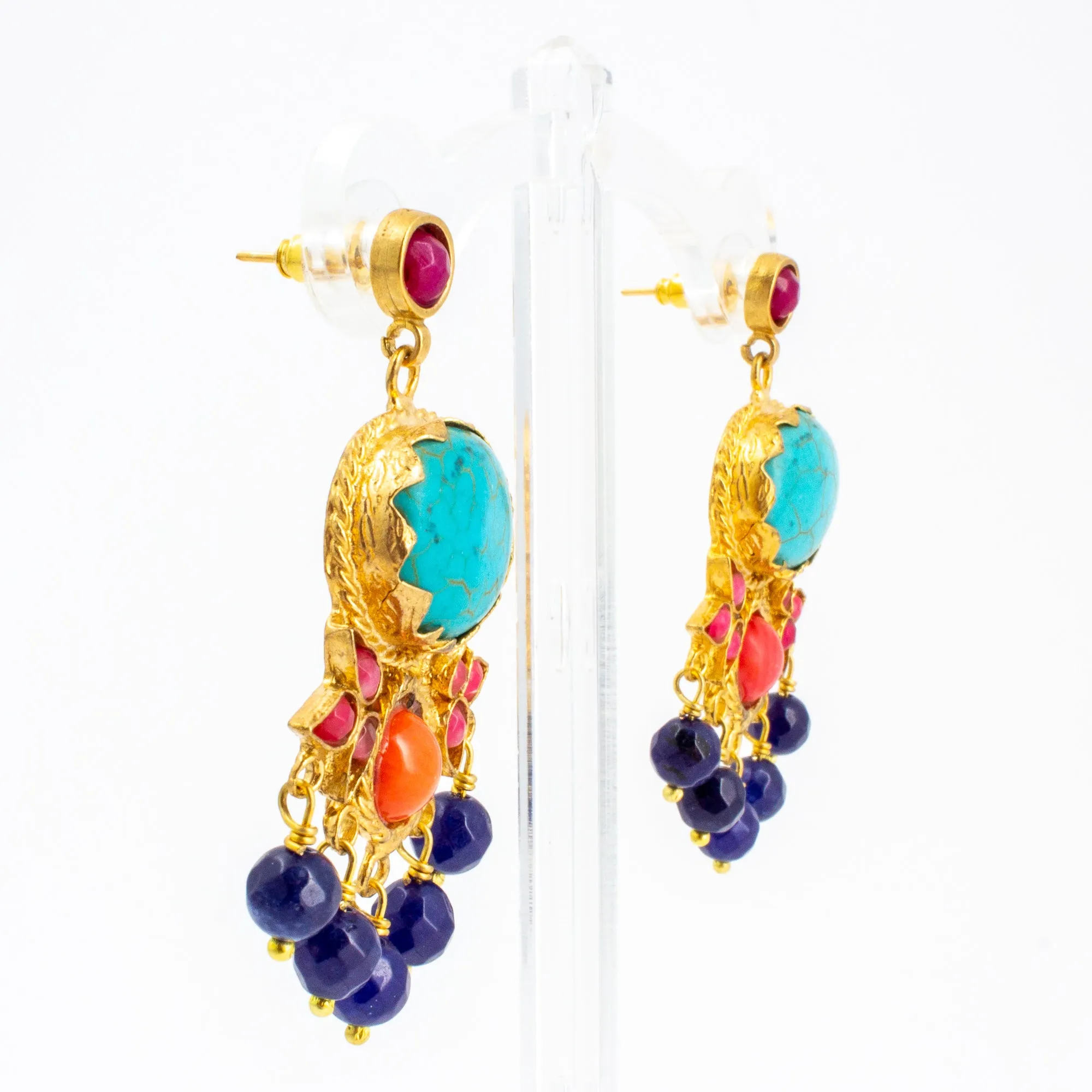 Handmade Turquoise & Coral Chandelier Earrings from Istanbul