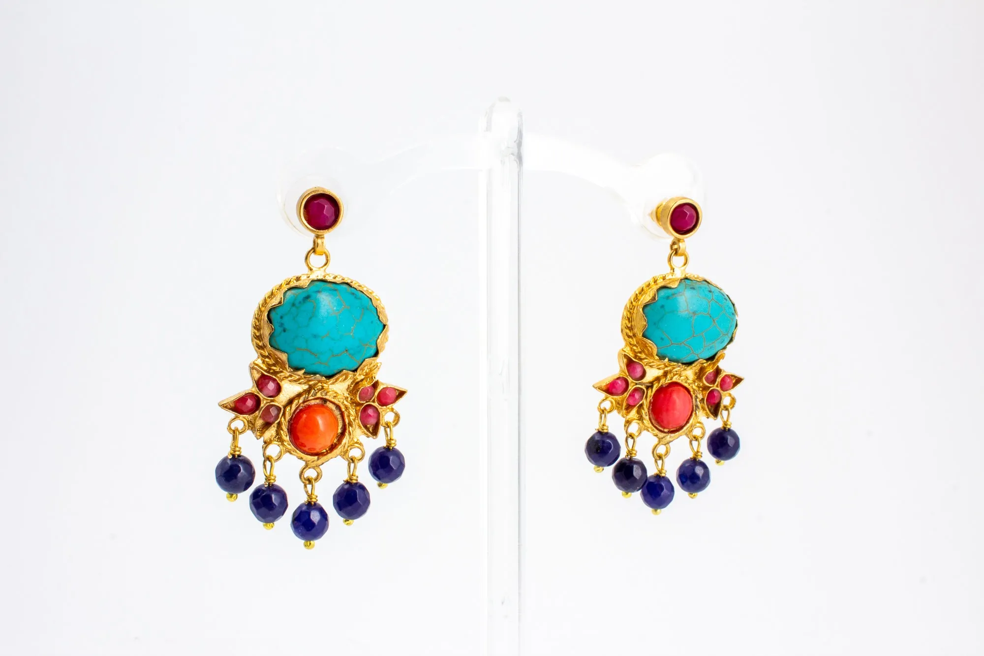 Handmade Turquoise & Coral Chandelier Earrings from Istanbul