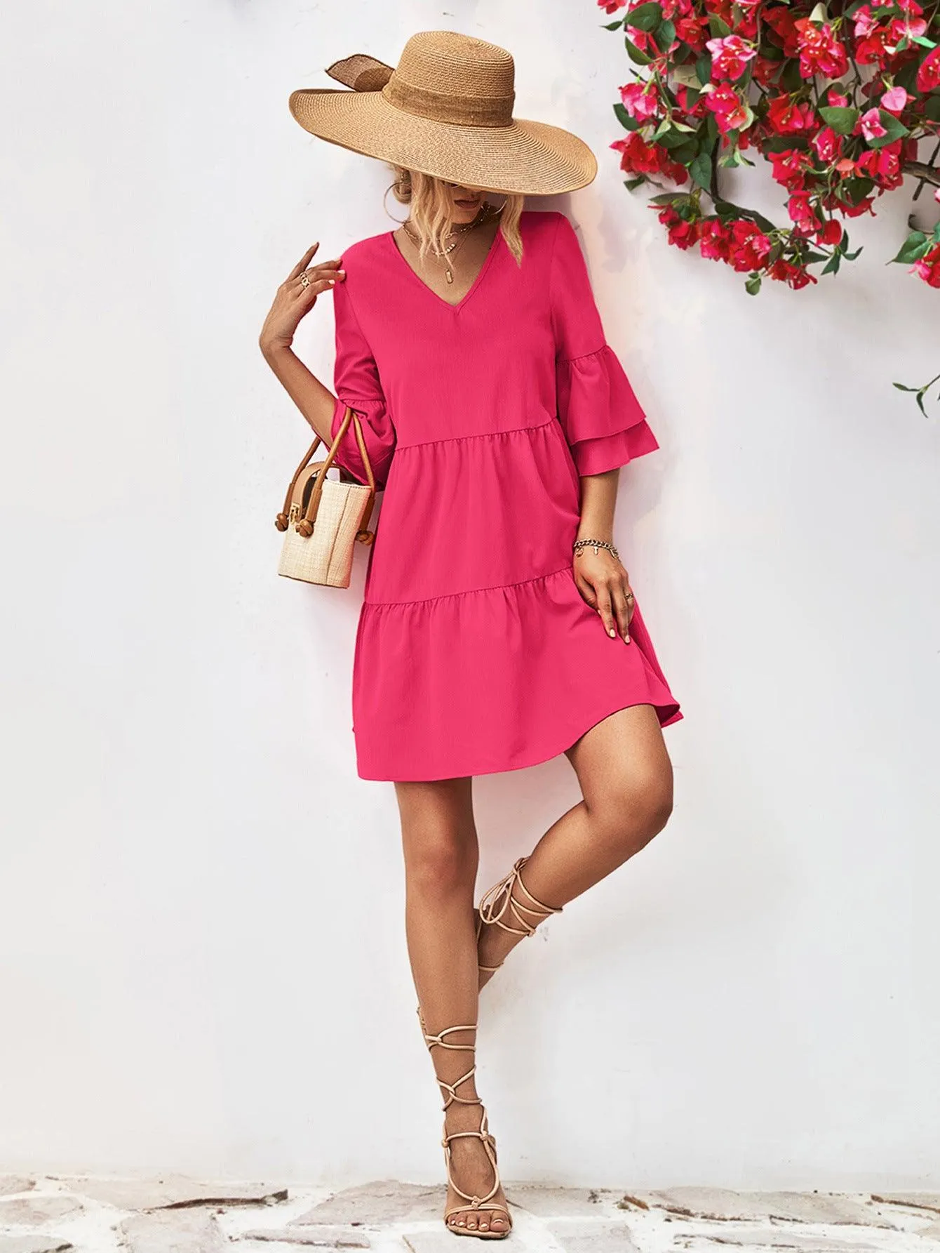 Hazel Blues® |  V-Neck Flare Sleeve Mini Dress