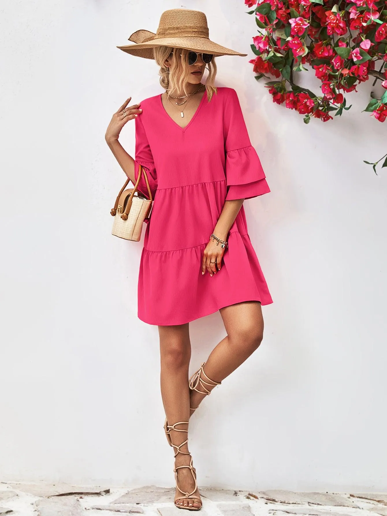Hazel Blues® |  V-Neck Flare Sleeve Mini Dress