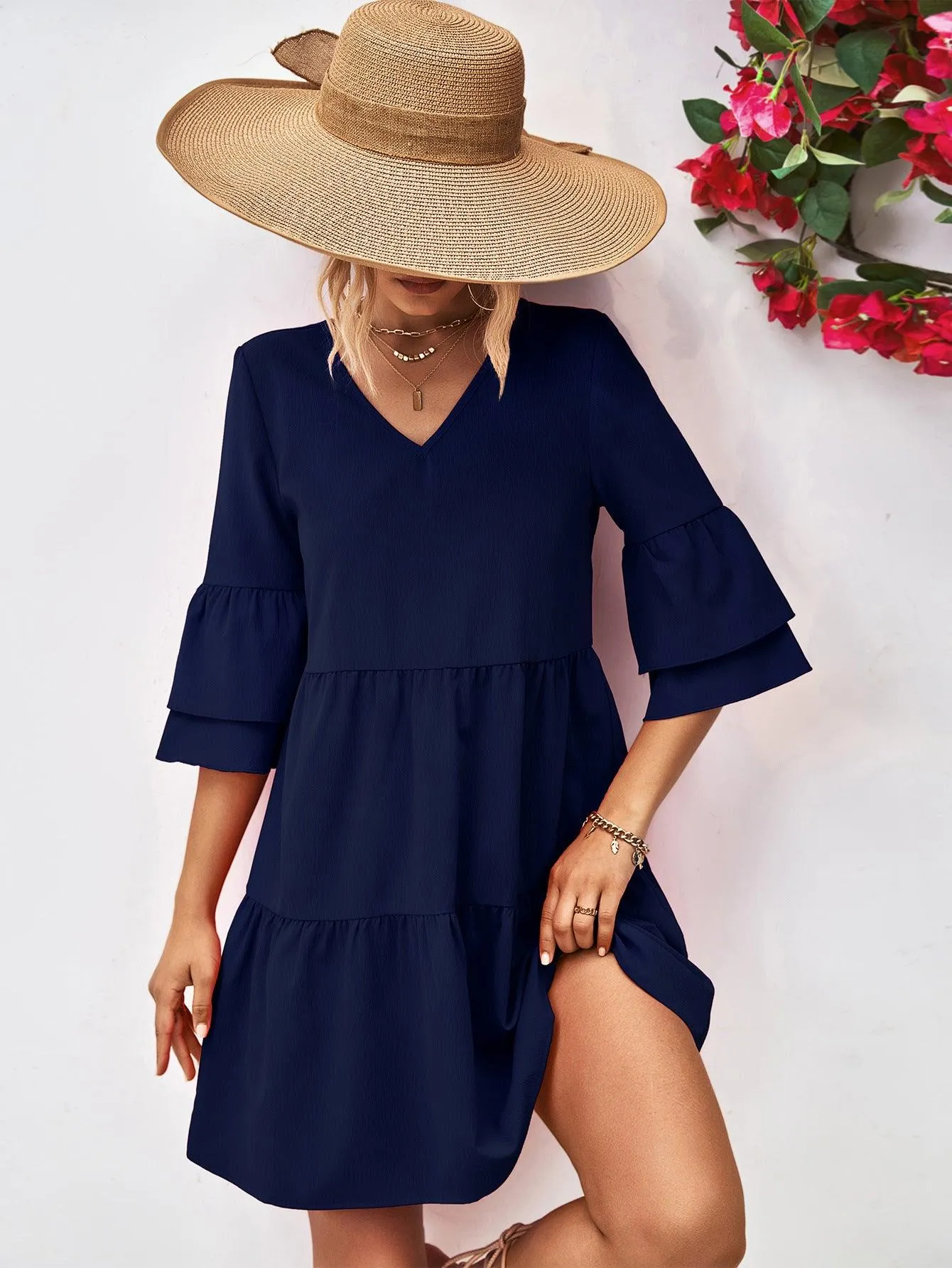 Hazel Blues® |  V-Neck Flare Sleeve Mini Dress