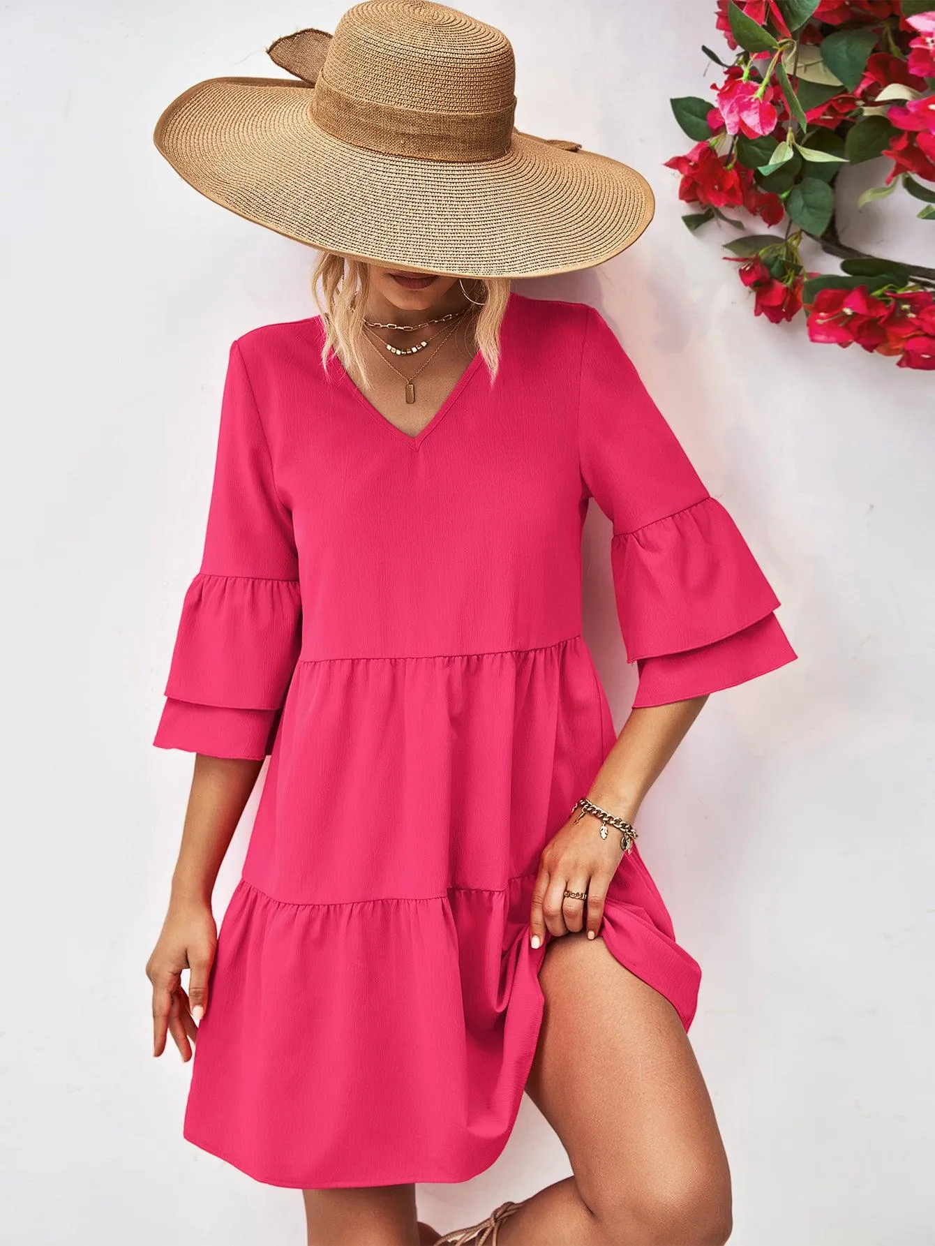 Hazel Blues® |  V-Neck Flare Sleeve Mini Dress
