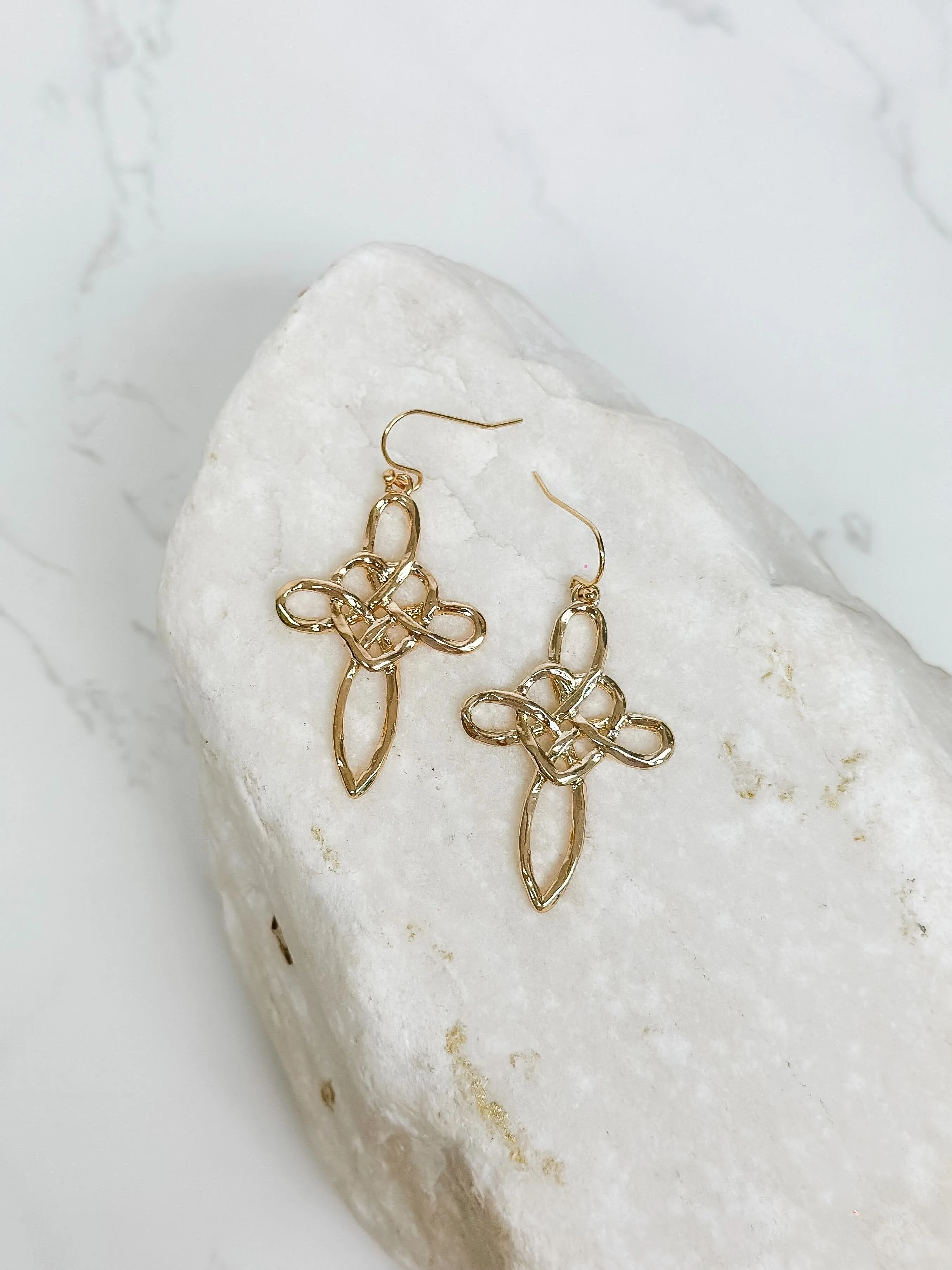 Heart Cross Dangle Earrings - Gold