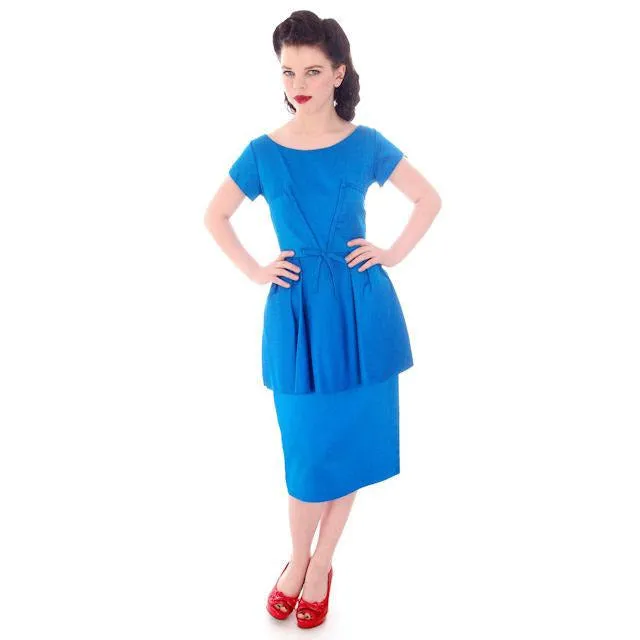Hello, Tomorrow 1950s Party Dress / MCM /Electric Blue 50s Cocktail  Wiggle Dress  Peplum Hobble Dress S