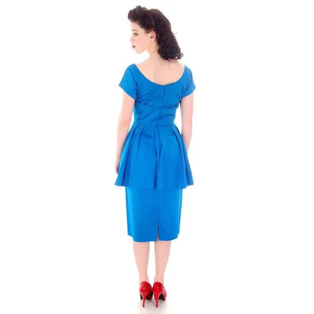 Hello, Tomorrow 1950s Party Dress / MCM /Electric Blue 50s Cocktail  Wiggle Dress  Peplum Hobble Dress S