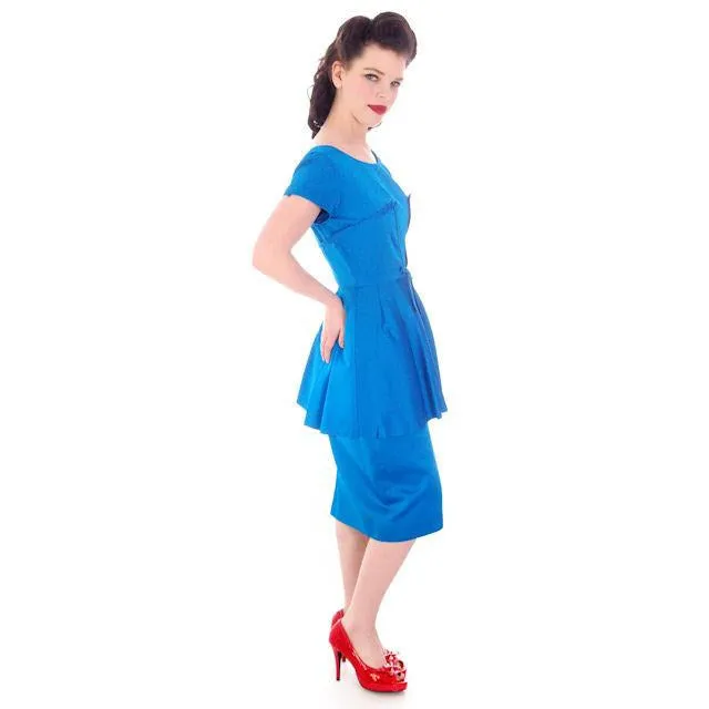 Hello, Tomorrow 1950s Party Dress / MCM /Electric Blue 50s Cocktail  Wiggle Dress  Peplum Hobble Dress S