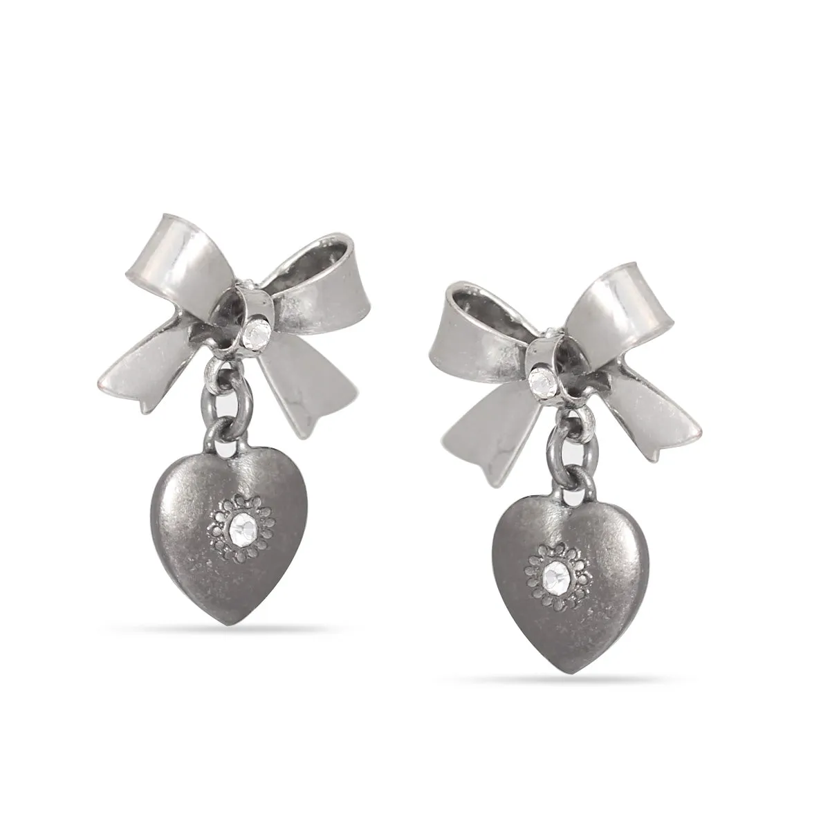 HEMATITE HEART AND BOW CRYSTAL STUD  EARRINGS #274HS3101 (7C2/6D3)