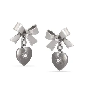 HEMATITE HEART AND BOW CRYSTAL STUD  EARRINGS #274HS3101 (7C2/6D3)