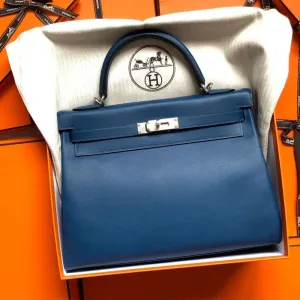 Hermès Kelly 32 Deep Blue/Vert Bosphore Verso Evercolor Palladium Hardware PHW