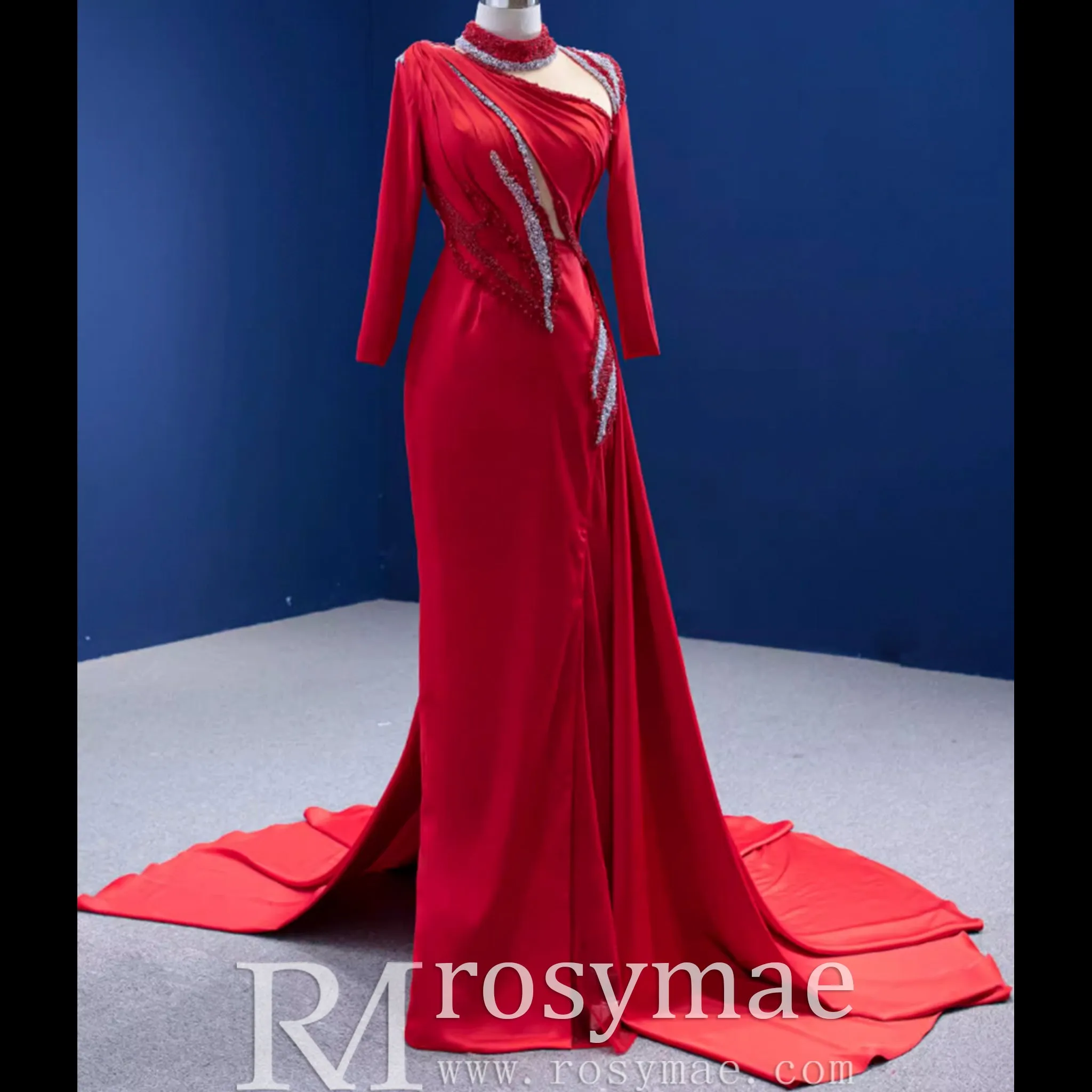 High-end Beading Pearl Sequins Evening Dress with Long Sleeve