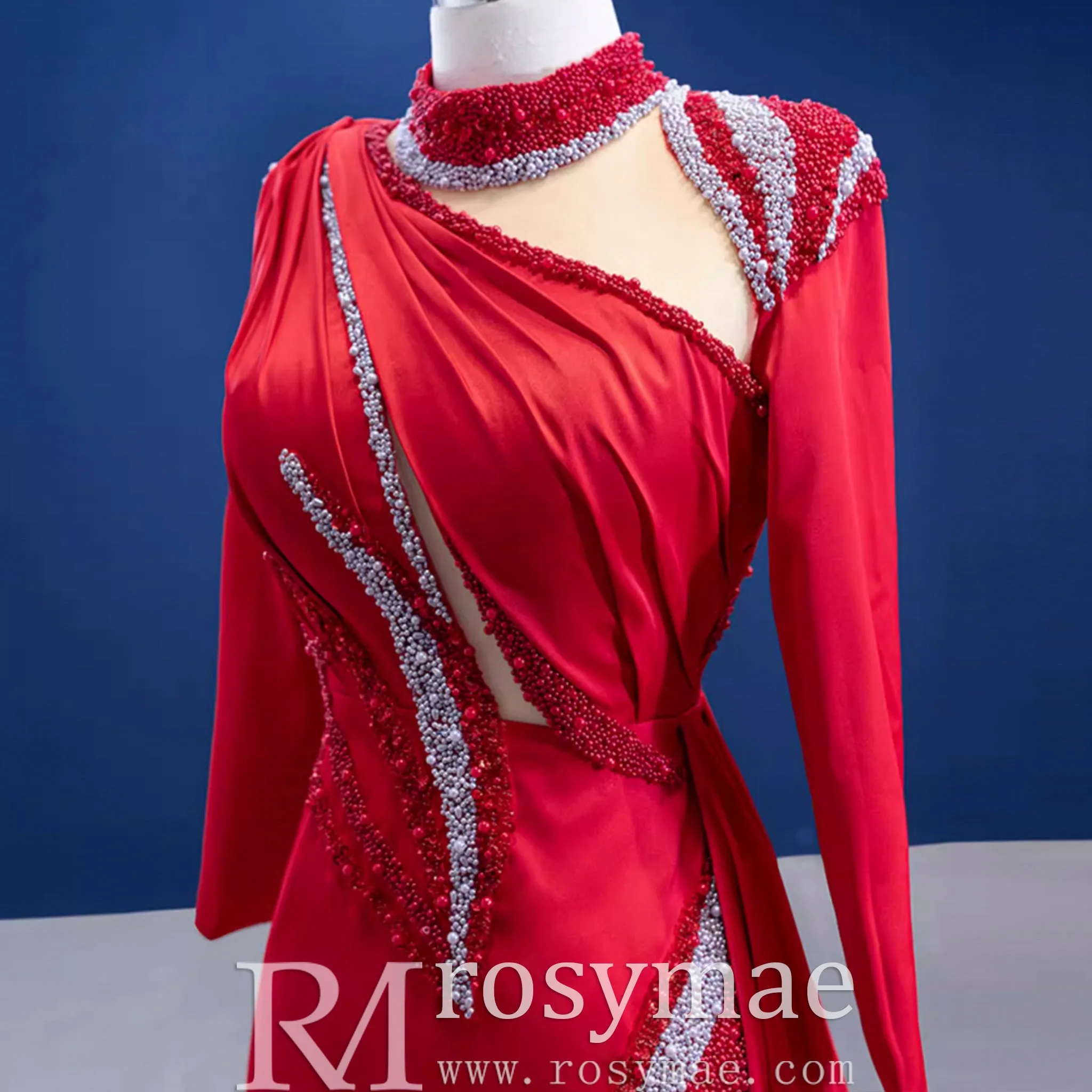 High-end Beading Pearl Sequins Evening Dress with Long Sleeve
