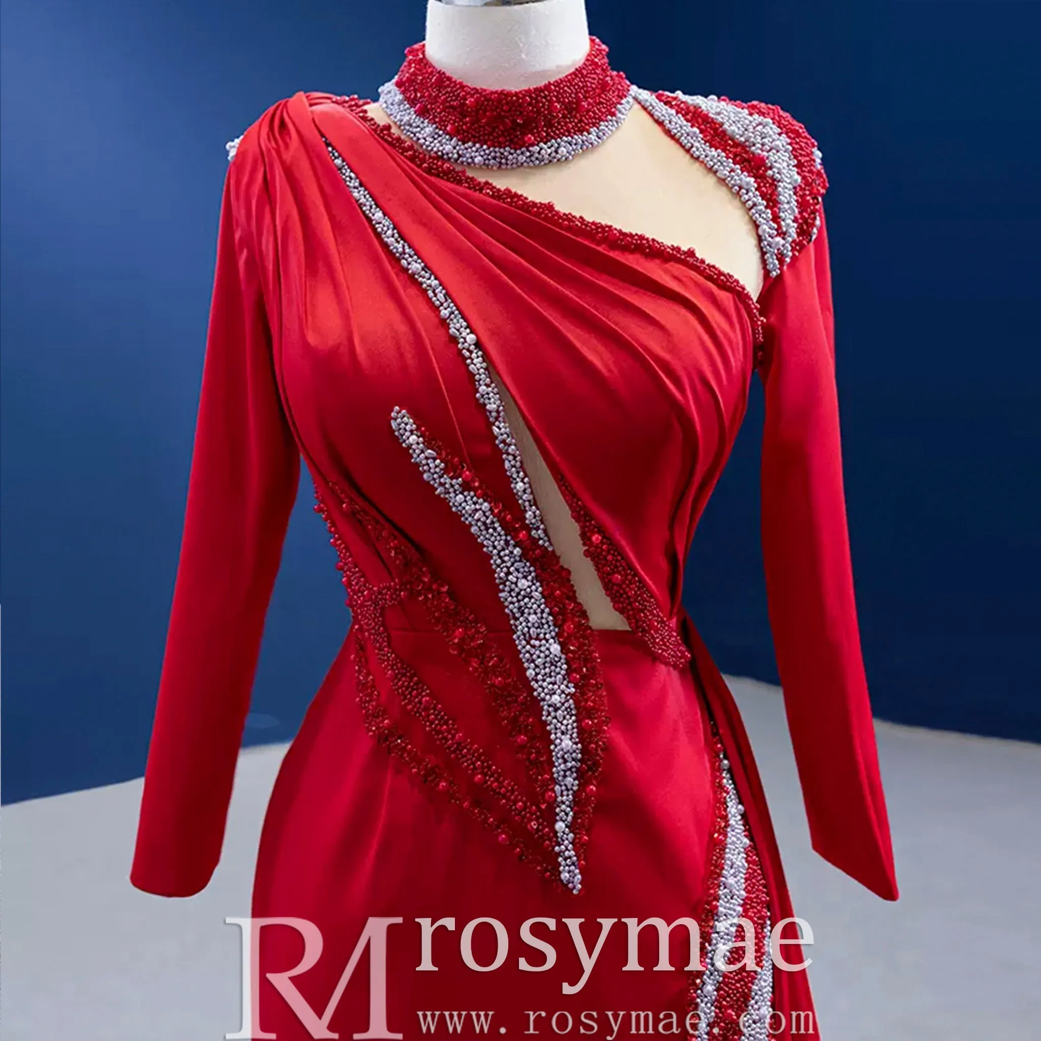 High-end Beading Pearl Sequins Evening Dress with Long Sleeve