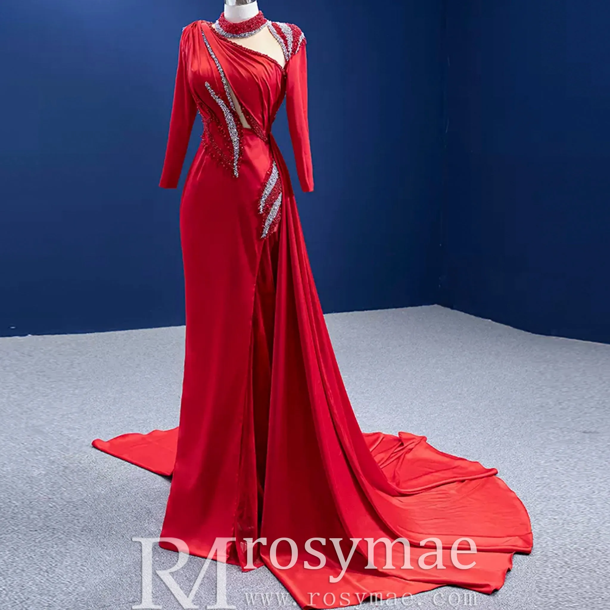 High-end Beading Pearl Sequins Evening Dress with Long Sleeve