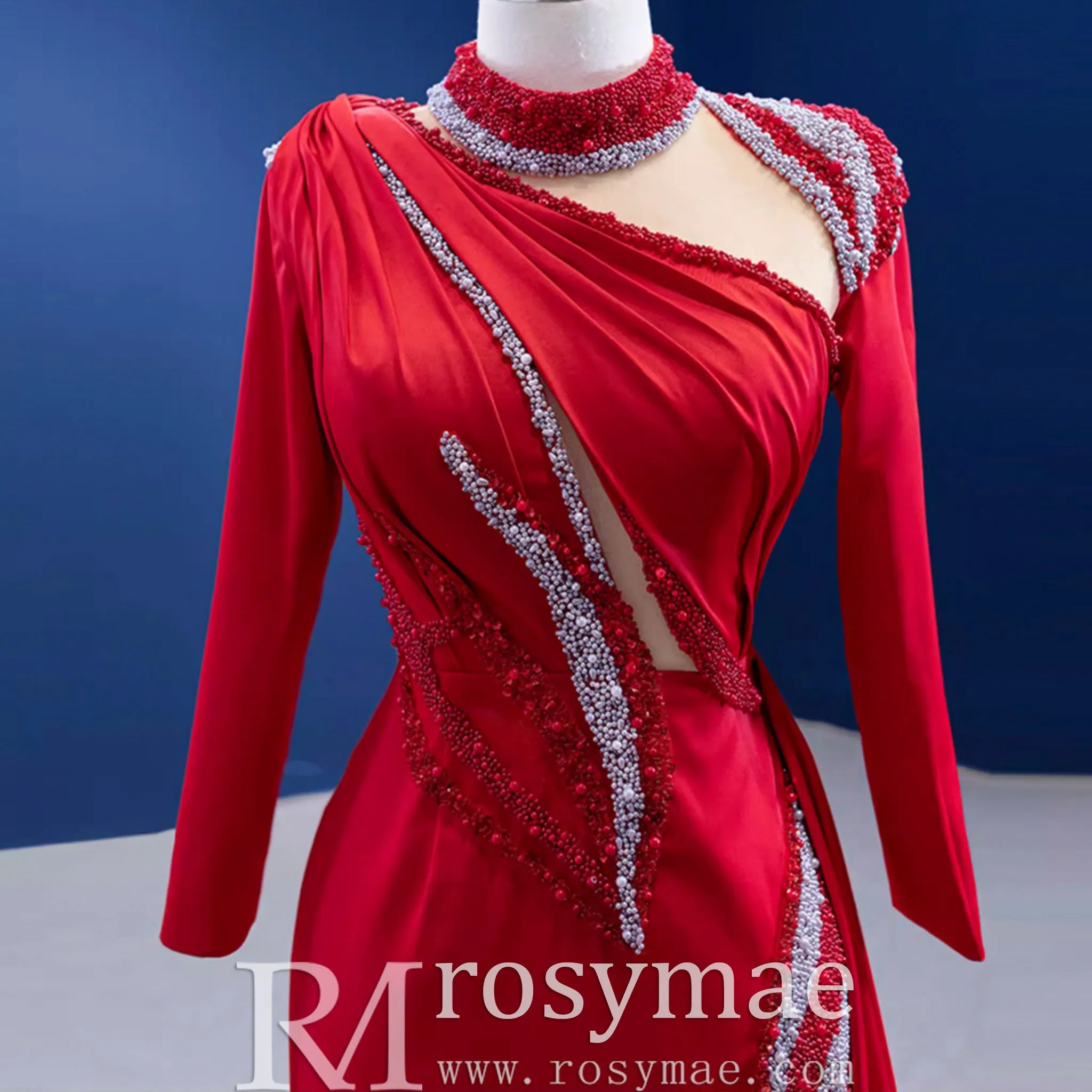 High-end Beading Pearl Sequins Evening Dress with Long Sleeve