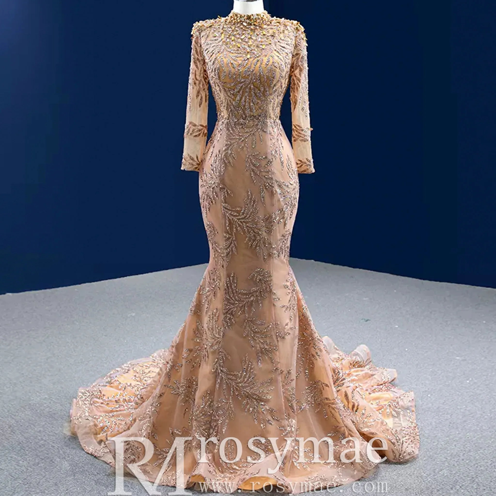 High Neck Three Quarter Sleeve Champagne Gold Prom Dress Evening Gown