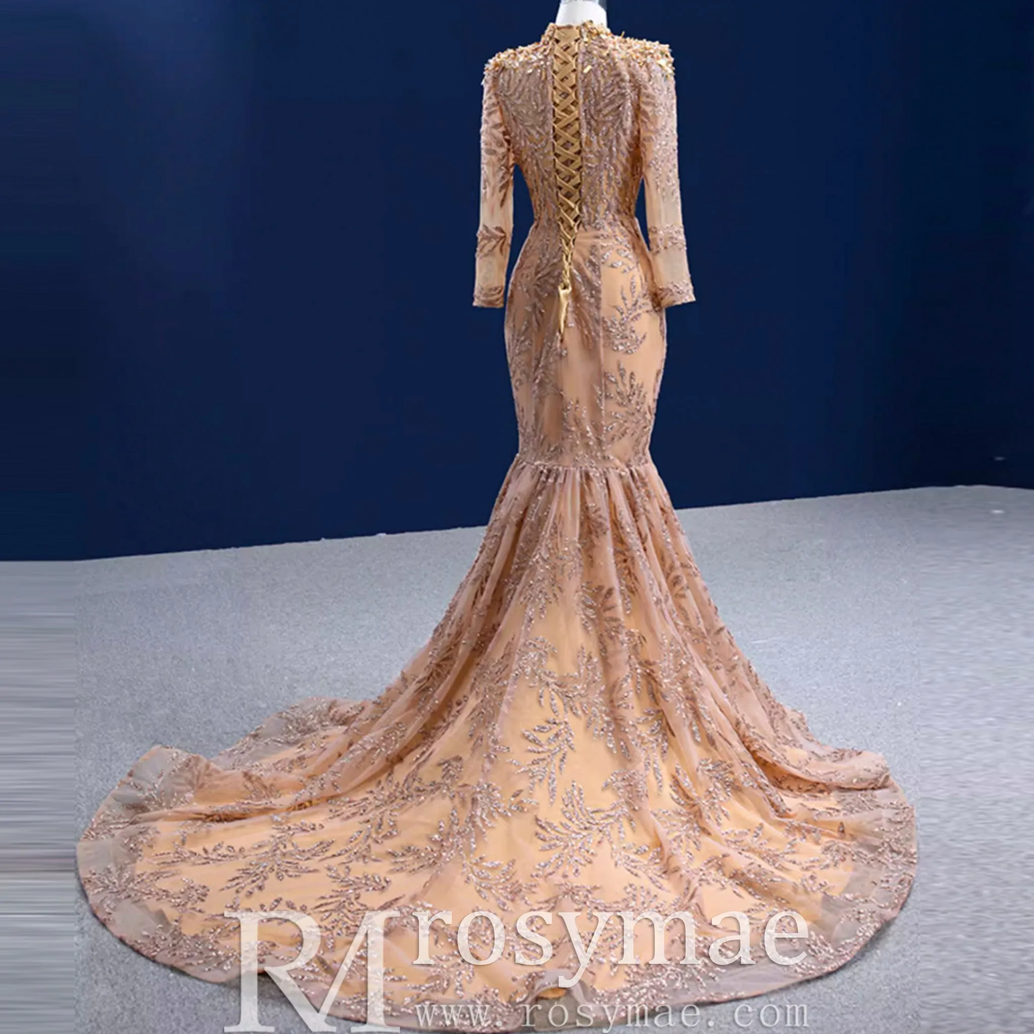 High Neck Three Quarter Sleeve Champagne Gold Prom Dress Evening Gown