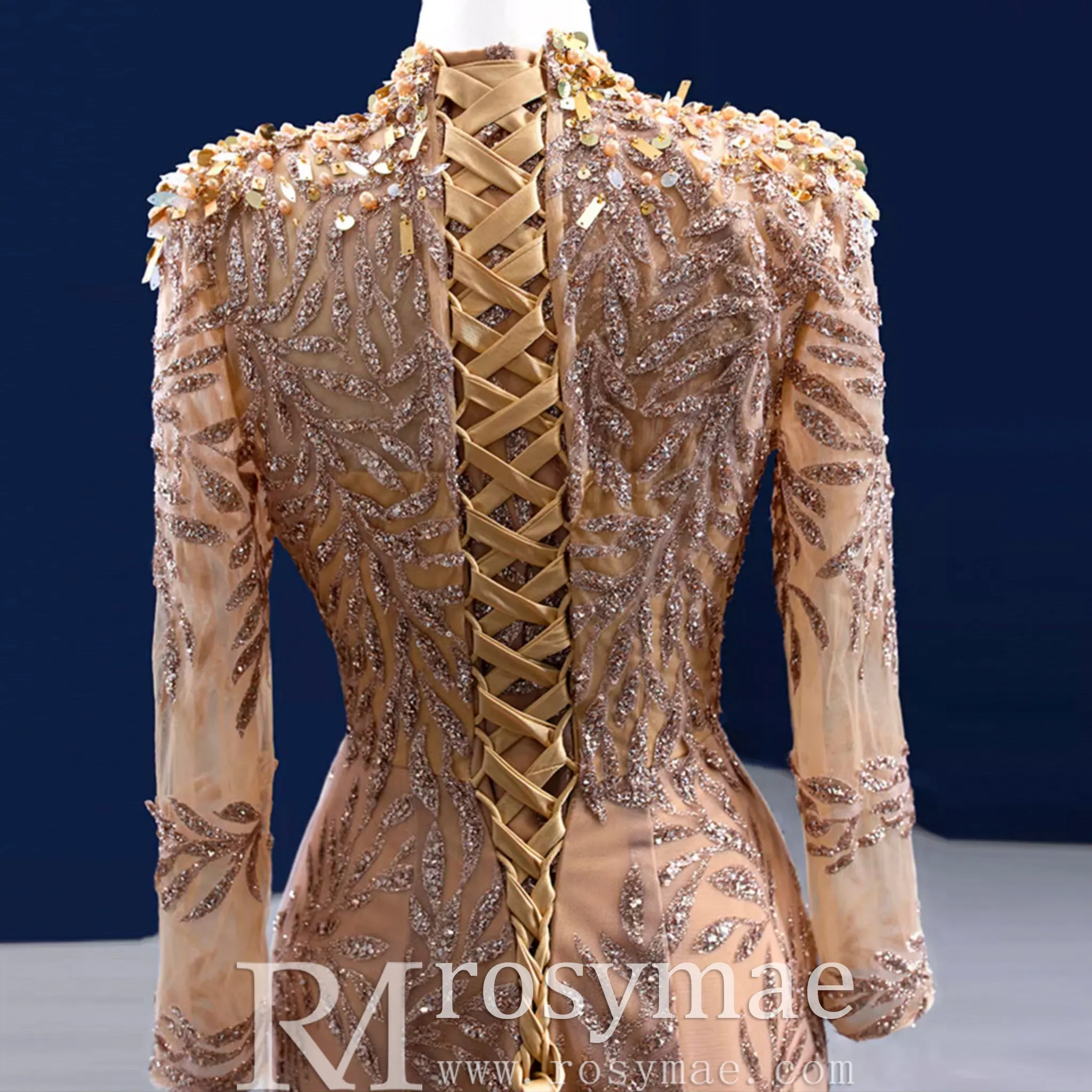 High Neck Three Quarter Sleeve Champagne Gold Prom Dress Evening Gown