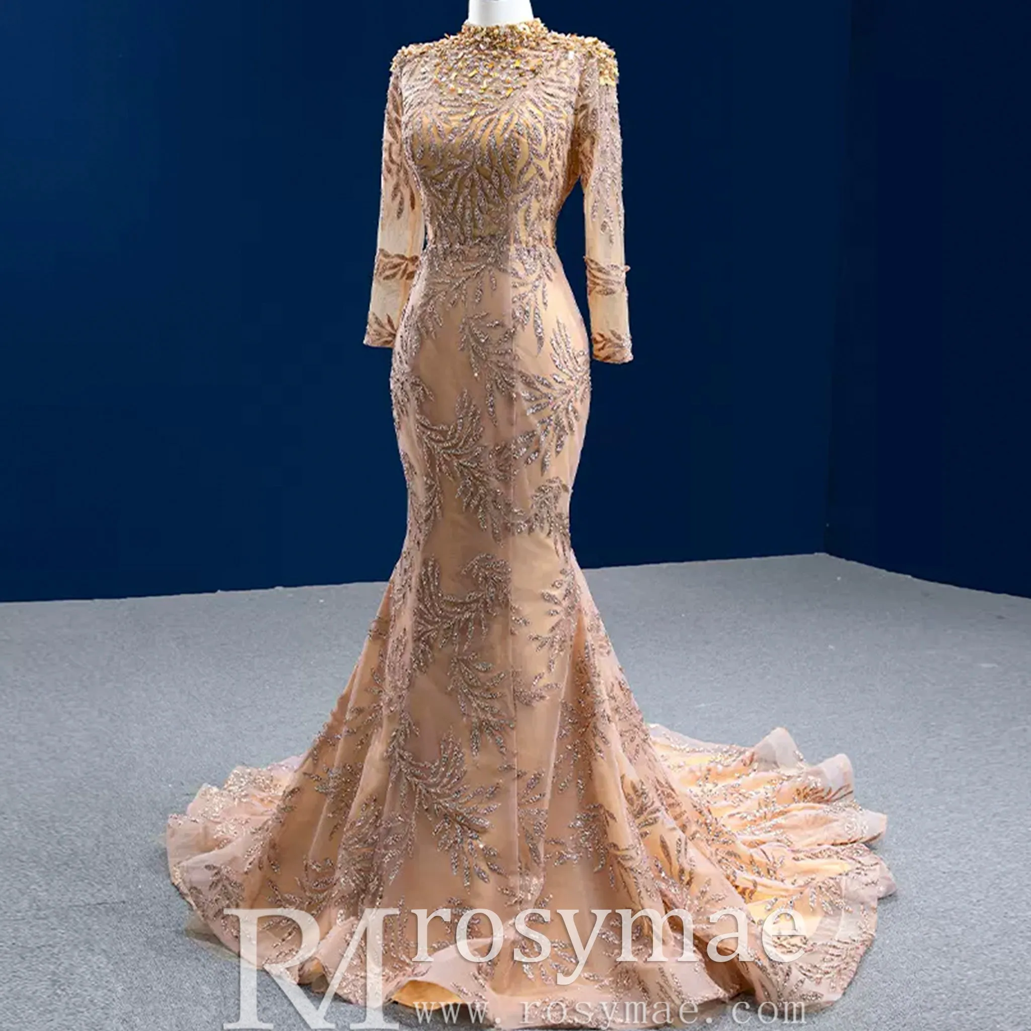 High Neck Three Quarter Sleeve Champagne Gold Prom Dress Evening Gown
