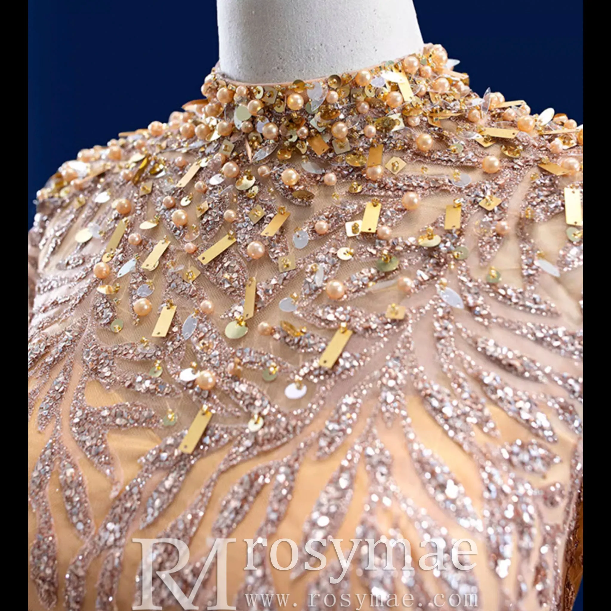 High Neck Three Quarter Sleeve Champagne Gold Prom Dress Evening Gown