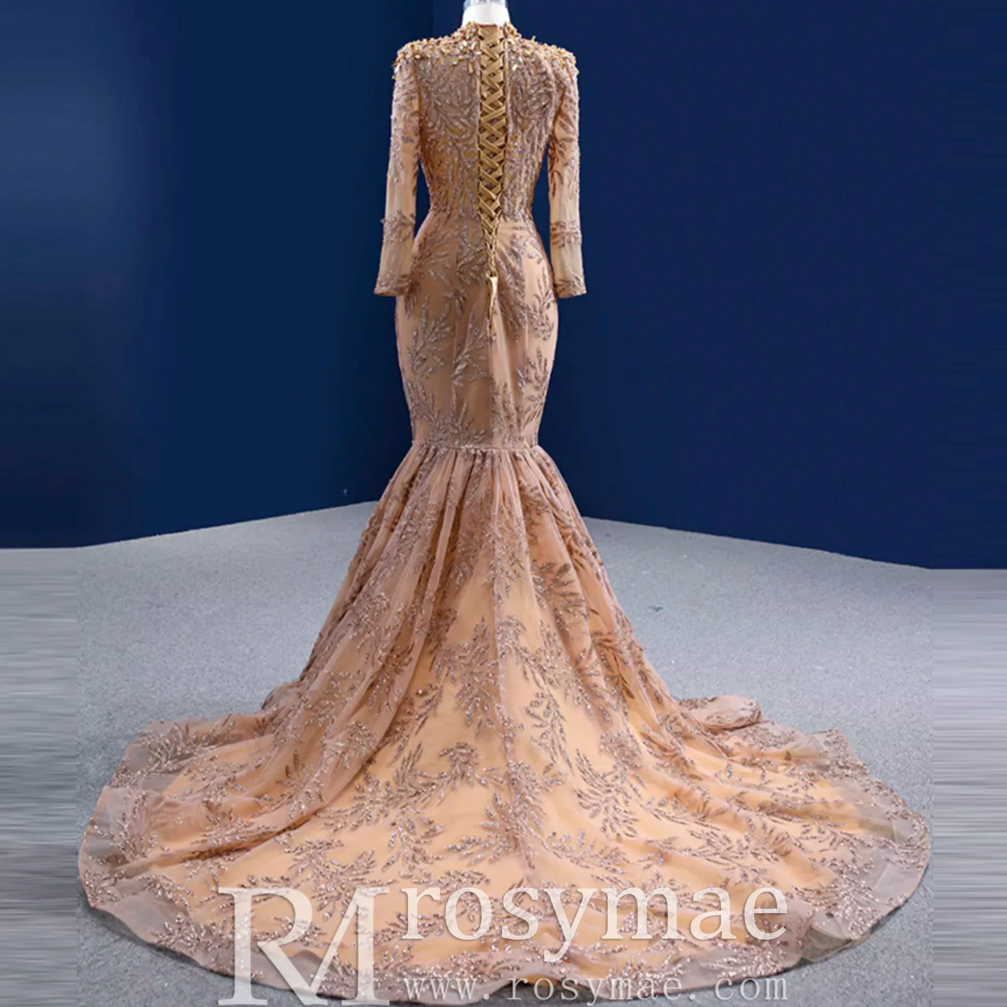 High Neck Three Quarter Sleeve Champagne Gold Prom Dress Evening Gown