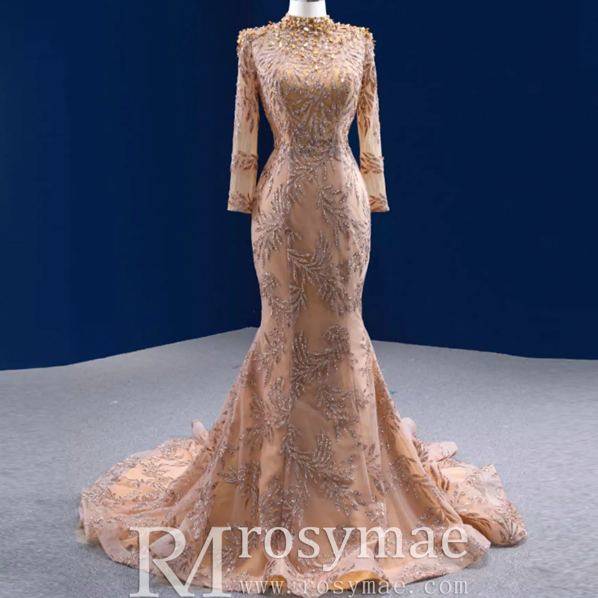 High Neck Three Quarter Sleeve Champagne Gold Prom Dress Evening Gown