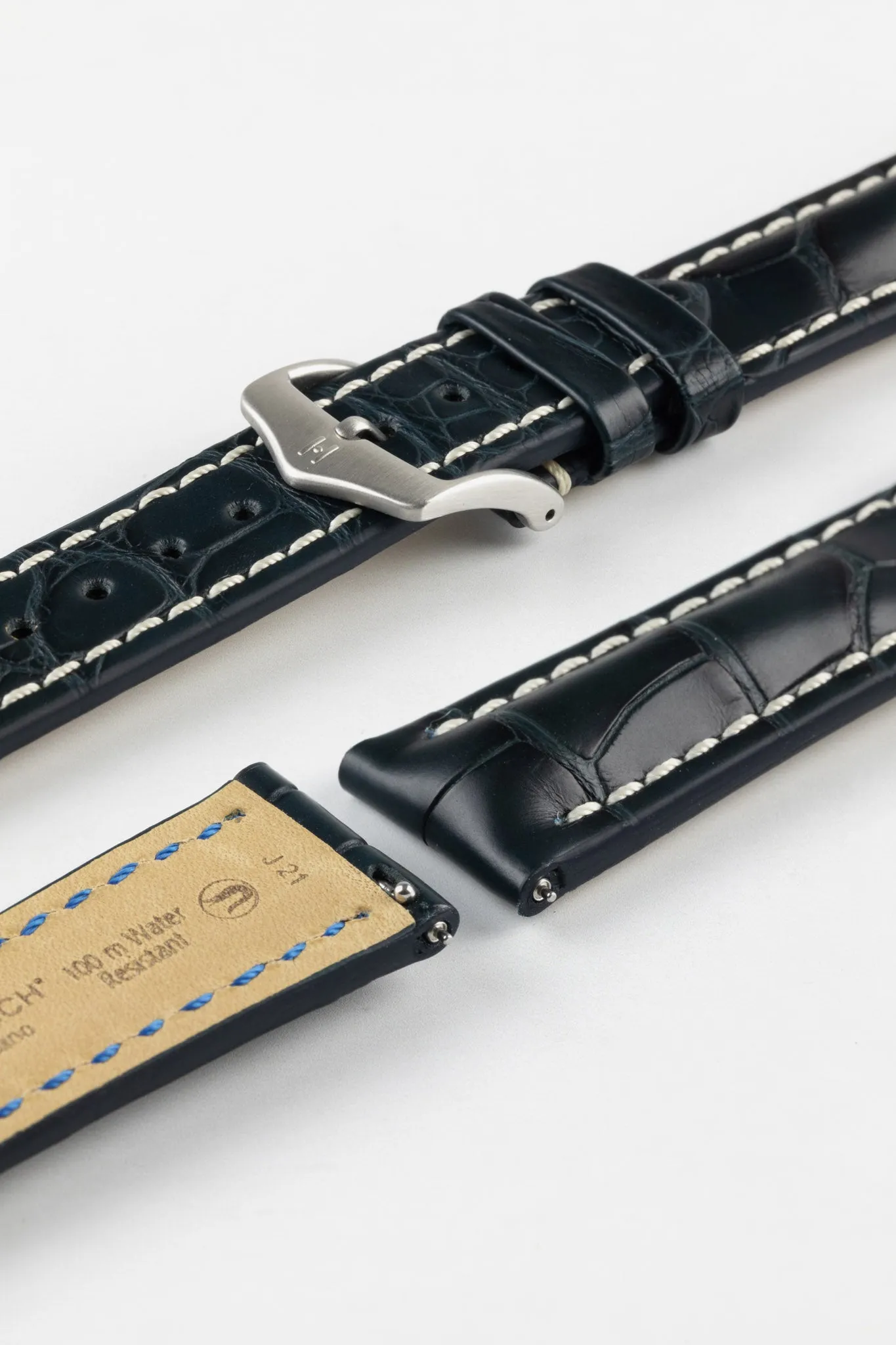 Hirsch CAPITANO Alligator Water-Resistant Padded Leather Watch Strap in BLUE