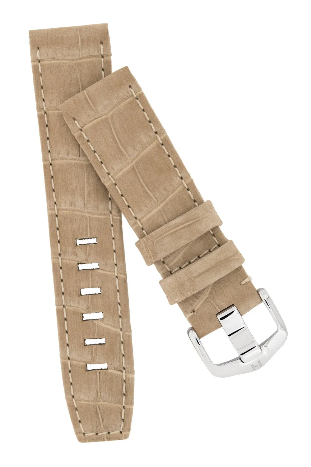Hirsch TRITONE Nubuck Alligator Leather Watch Strap in BEIGE with WHITE Stitching