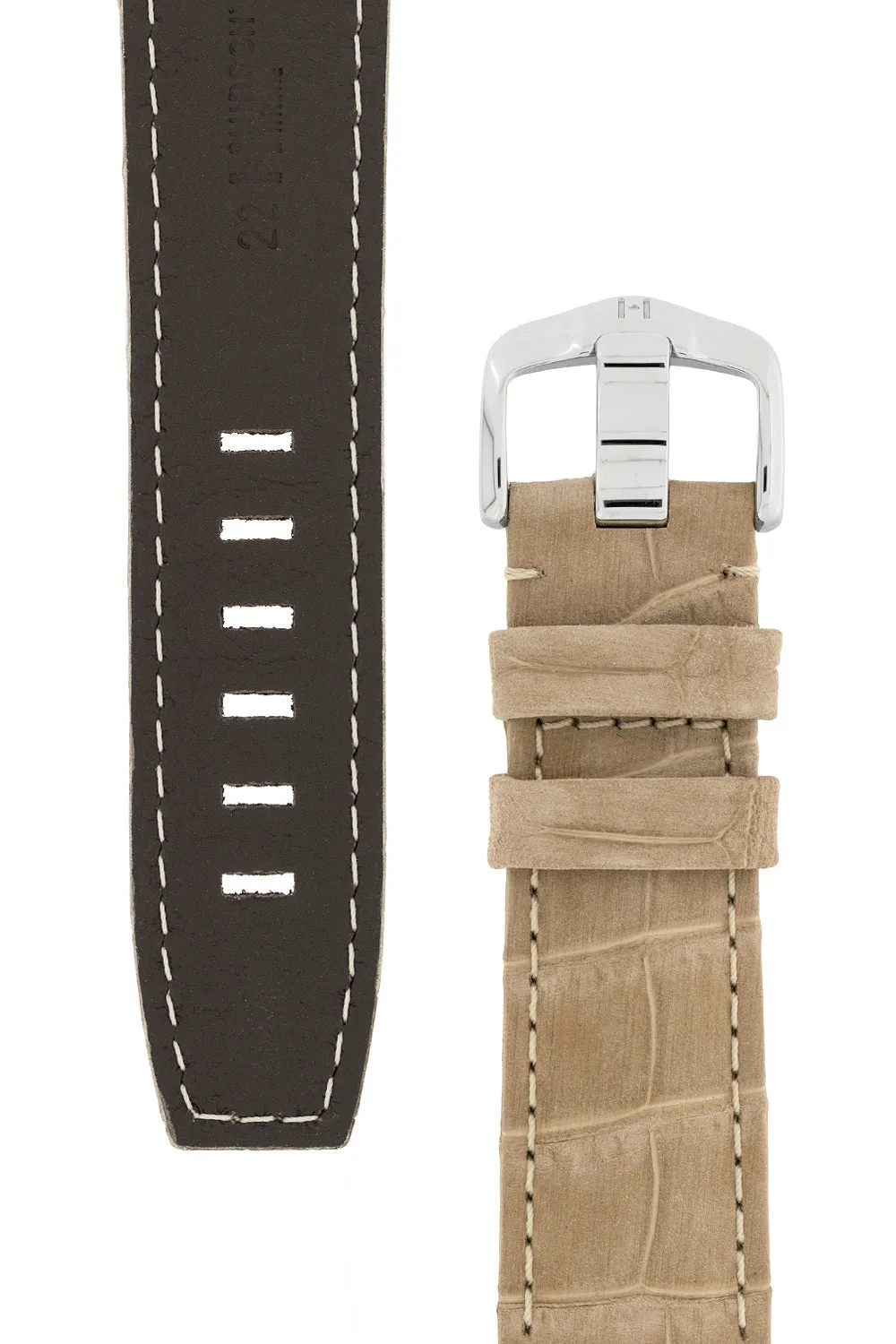 Hirsch TRITONE Nubuck Alligator Leather Watch Strap in BEIGE with WHITE Stitching