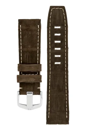 Hirsch TRITONE Nubuck Alligator Leather Watch Strap in BROWN With WHITE Stitching