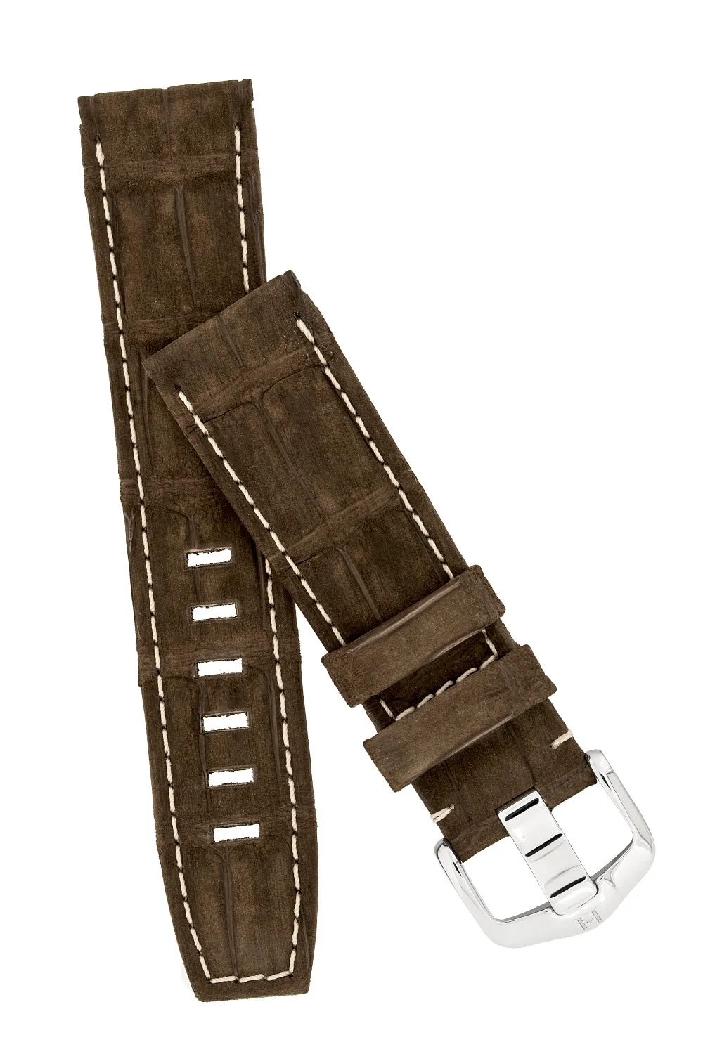 Hirsch TRITONE Nubuck Alligator Leather Watch Strap in BROWN With WHITE Stitching
