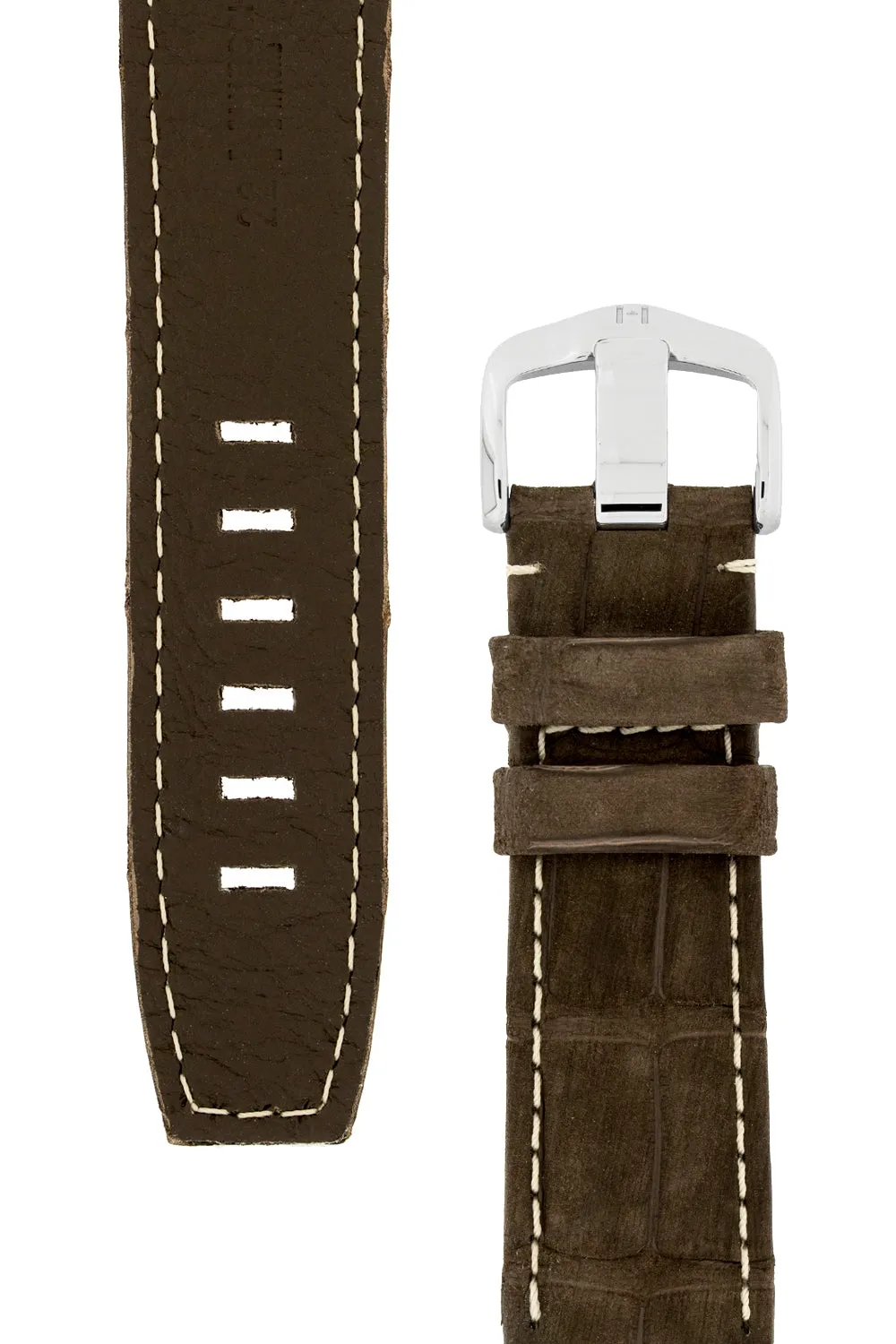 Hirsch TRITONE Nubuck Alligator Leather Watch Strap in BROWN With WHITE Stitching