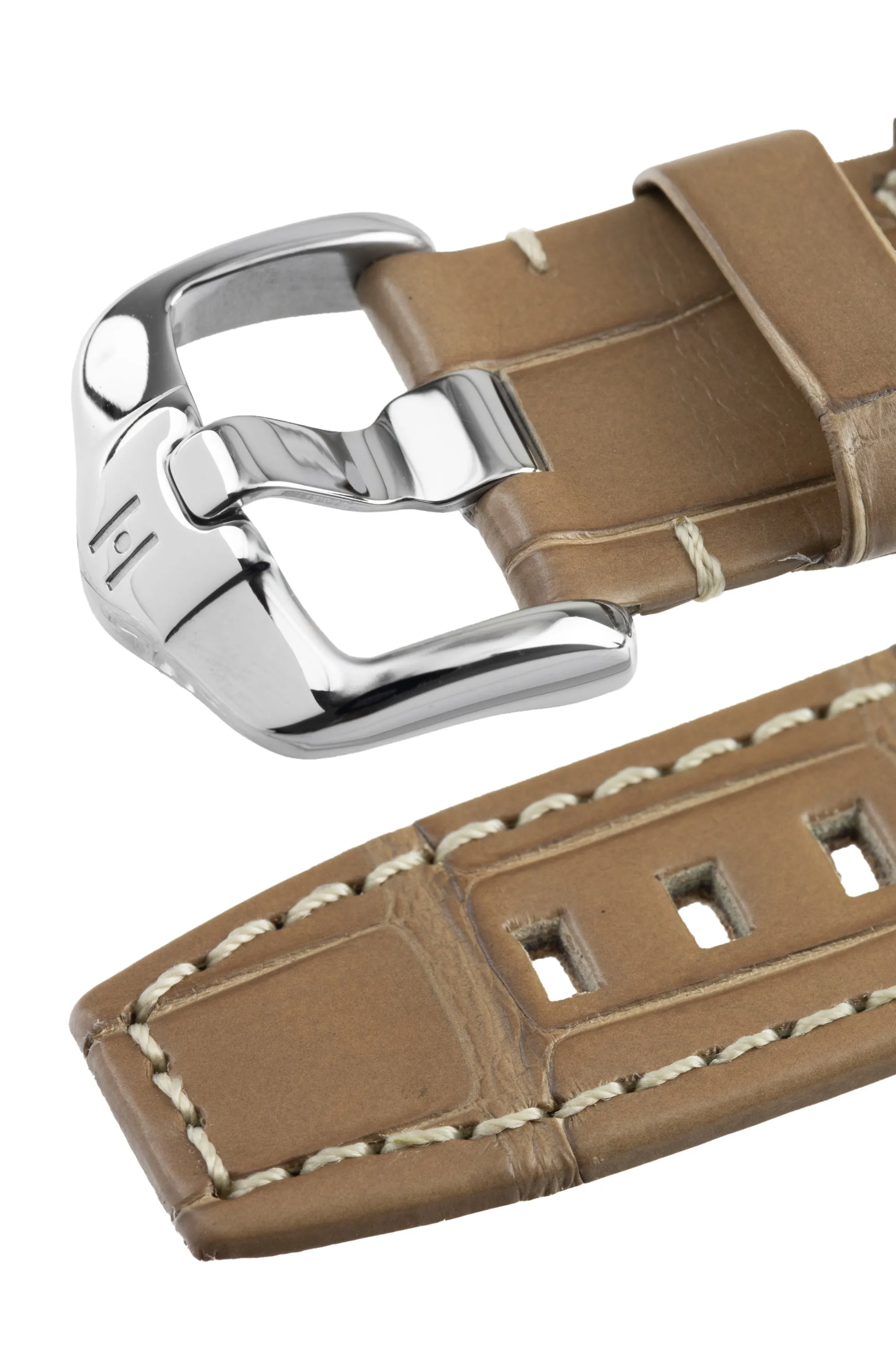 Hirsch TRITONE Padded Alligator Leather Watch Strap in BEIGE with WHITE Stitching