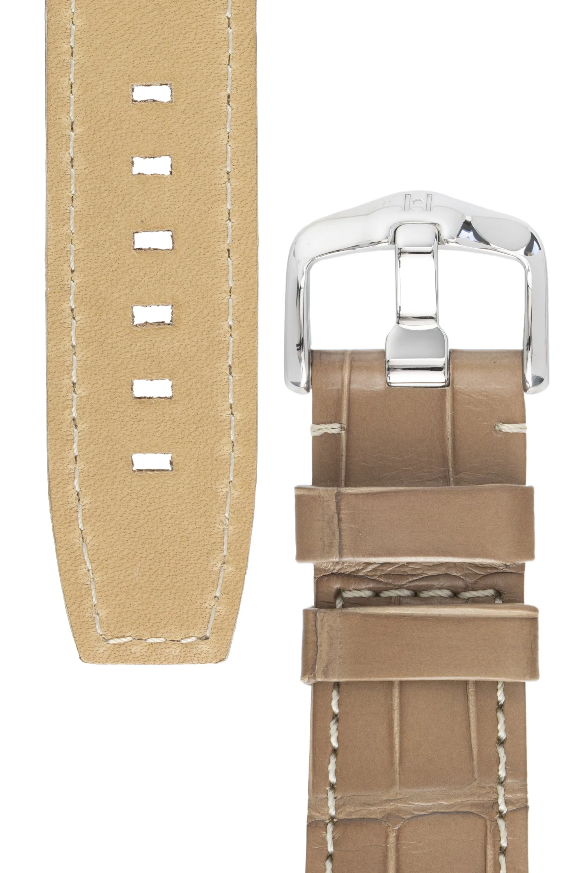 Hirsch TRITONE Padded Alligator Leather Watch Strap in BEIGE with WHITE Stitching