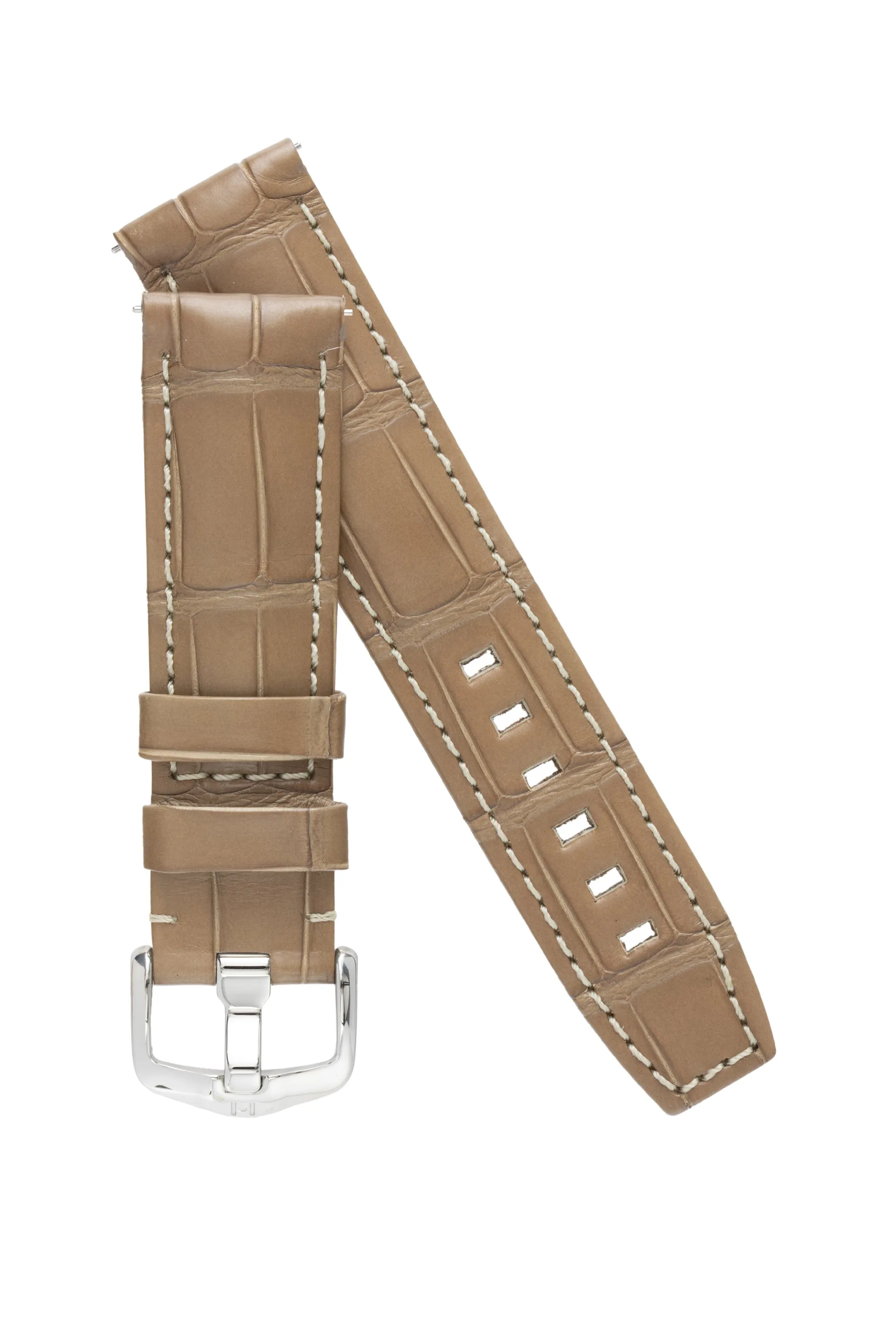 Hirsch TRITONE Padded Alligator Leather Watch Strap in BEIGE with WHITE Stitching