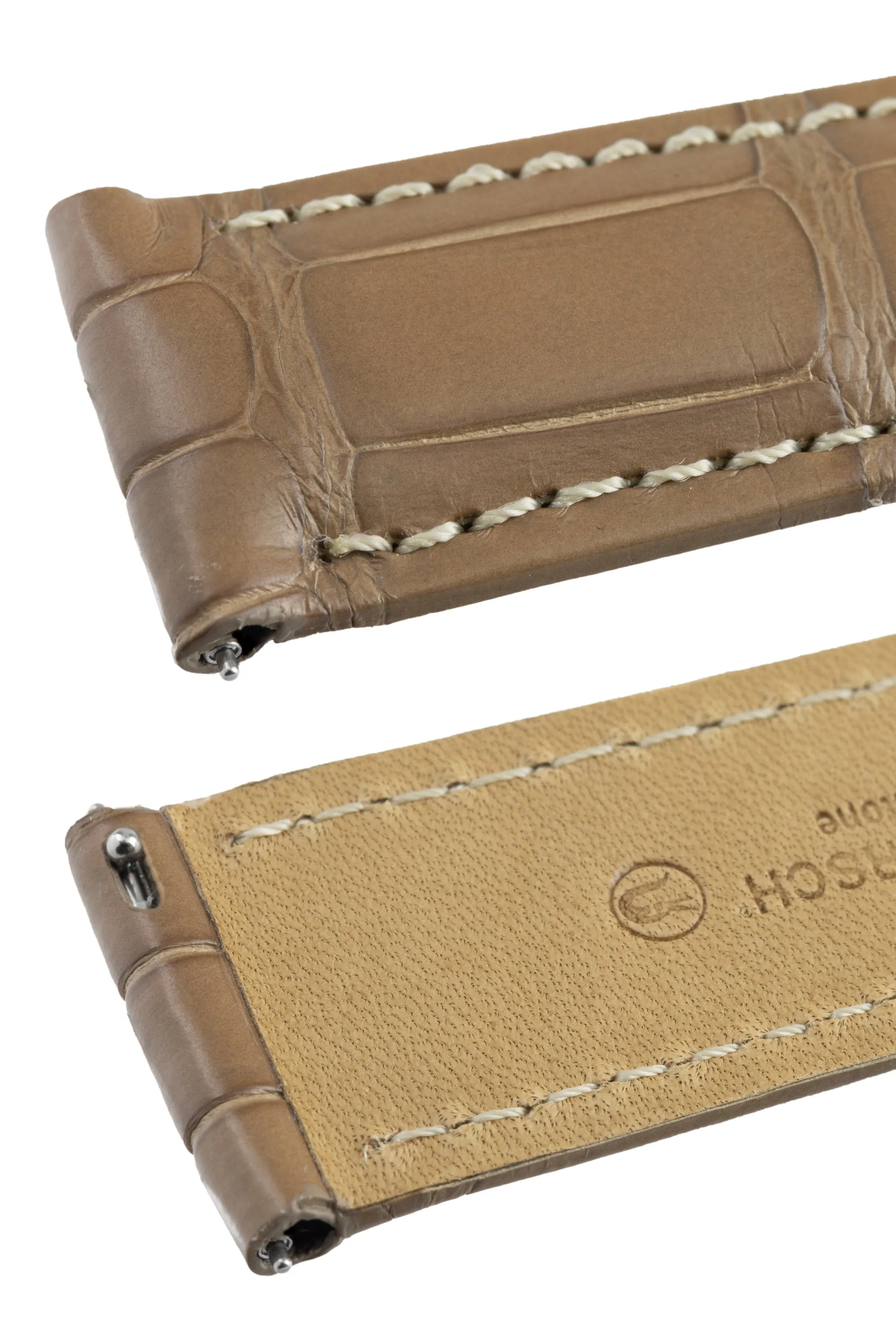 Hirsch TRITONE Padded Alligator Leather Watch Strap in BEIGE with WHITE Stitching
