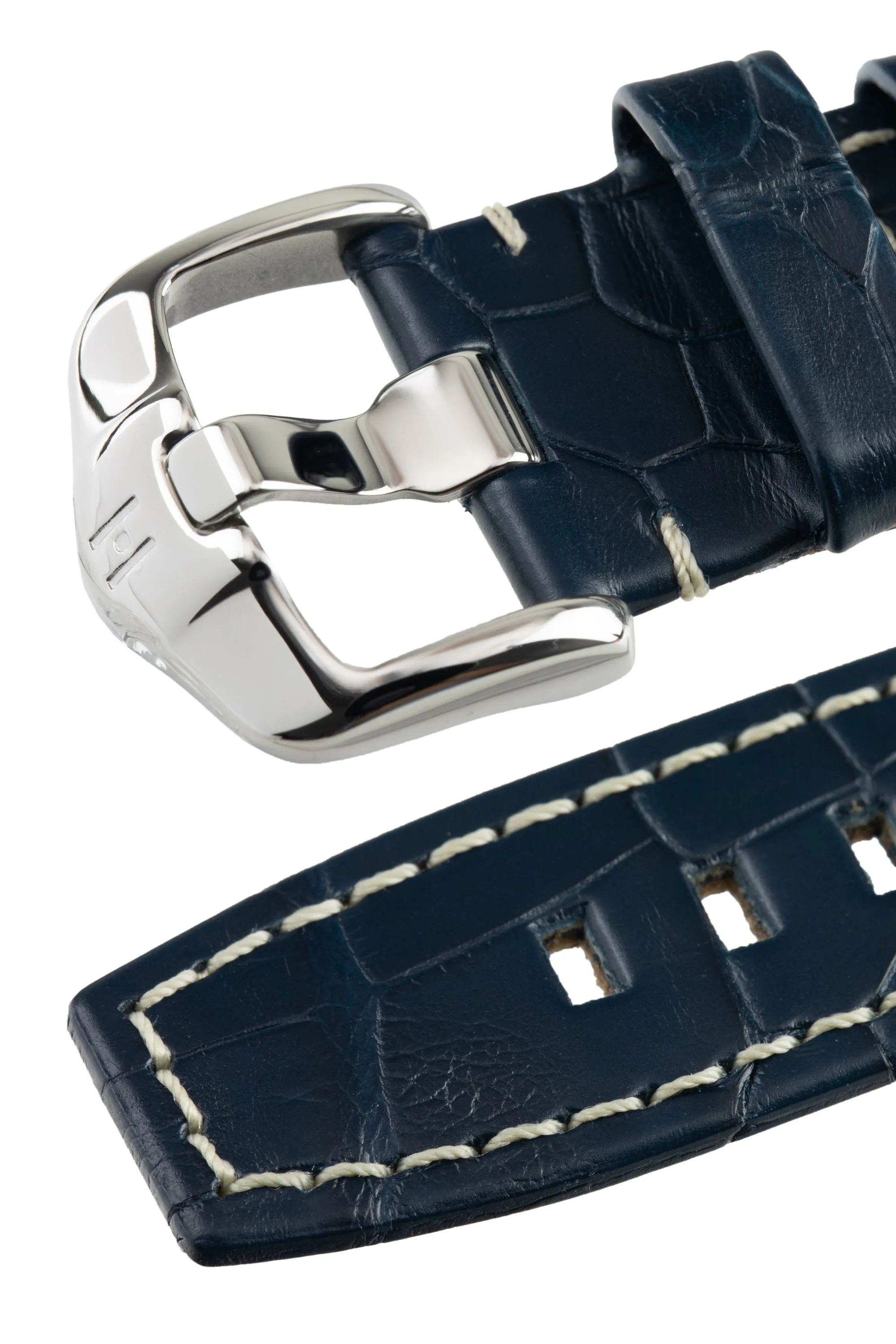Hirsch TRITONE Padded Alligator Leather Watch Strap in BLUE With WHITE Stitching