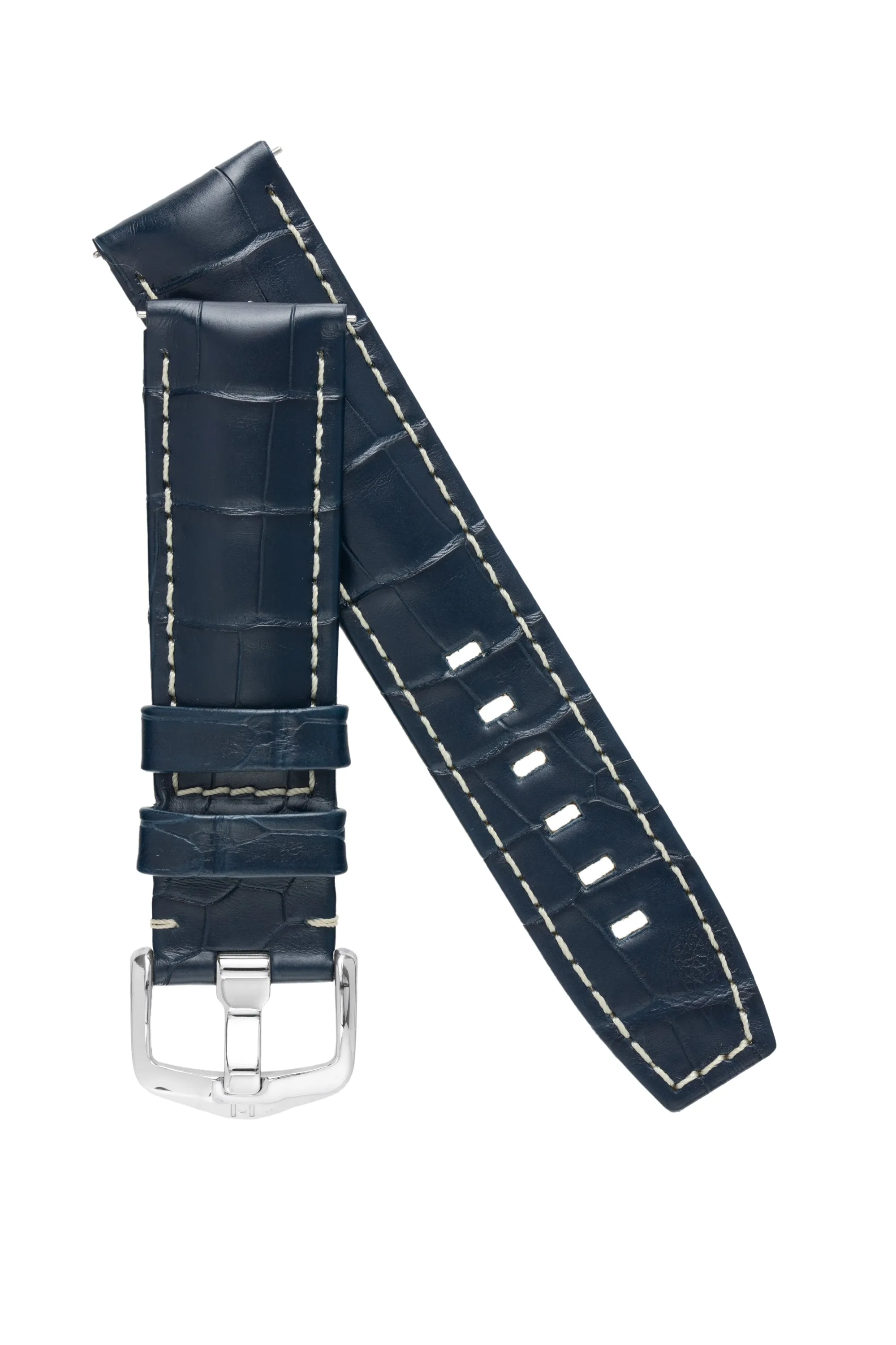 Hirsch TRITONE Padded Alligator Leather Watch Strap in BLUE With WHITE Stitching