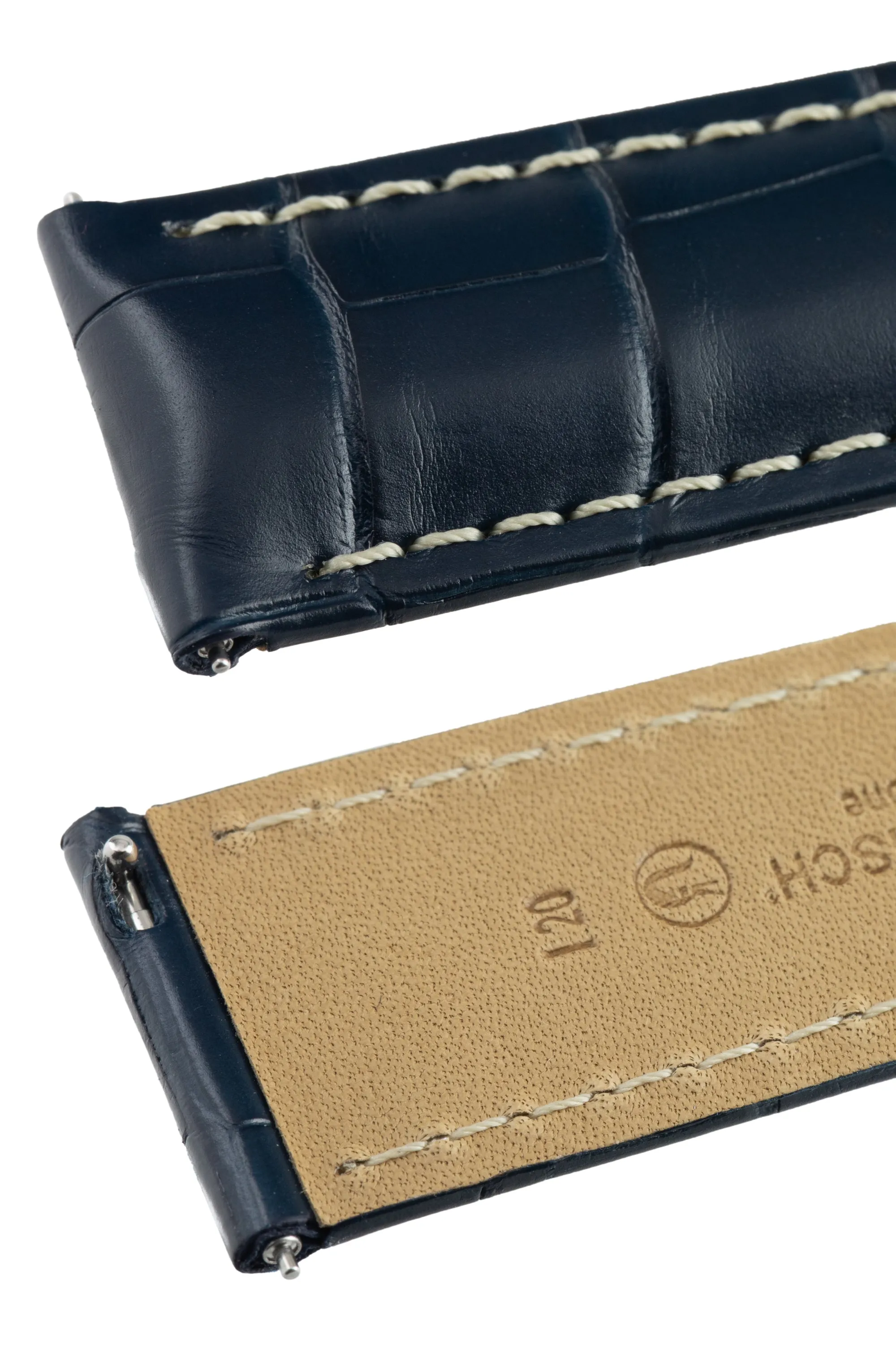 Hirsch TRITONE Padded Alligator Leather Watch Strap in BLUE With WHITE Stitching